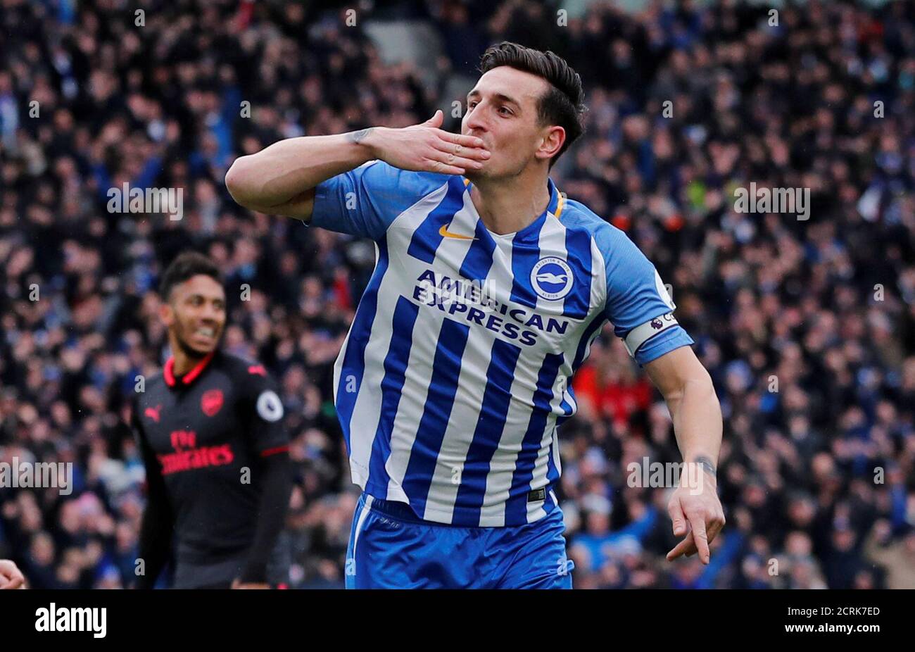 Soccer Football - Premier League - Brighton & Hove Albion vs Arsenal - The American Express Community Stadium, Brighton, Britain - March 4, 2018   Brighton's Lewis Dunk celebrates scoring their first goal    REUTERS/Eddie Keogh    EDITORIAL USE ONLY. No use with unauthorized audio, video, data, fixture lists, club/league logos or 'live' services. Online in-match use limited to 75 images, no video emulation. No use in betting, games or single club/league/player publications.  Please contact your account representative for further details.     TPX IMAGES OF THE DAY Stock Photo