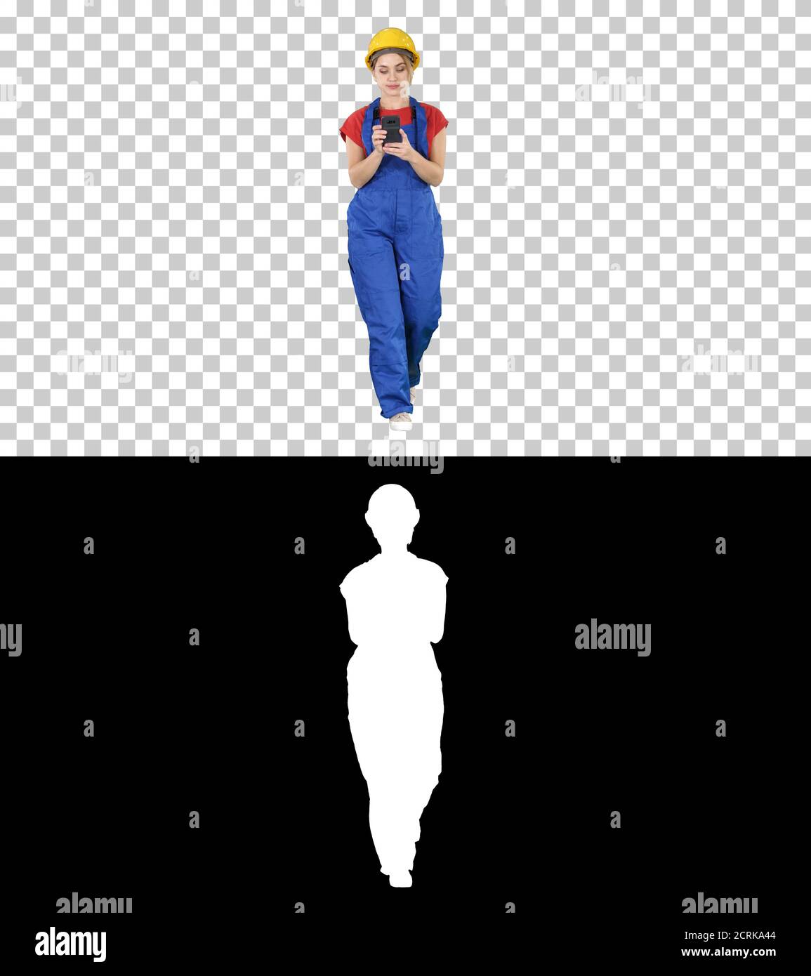 Female worker walking and using phone, Alpha Channel Stock Photo