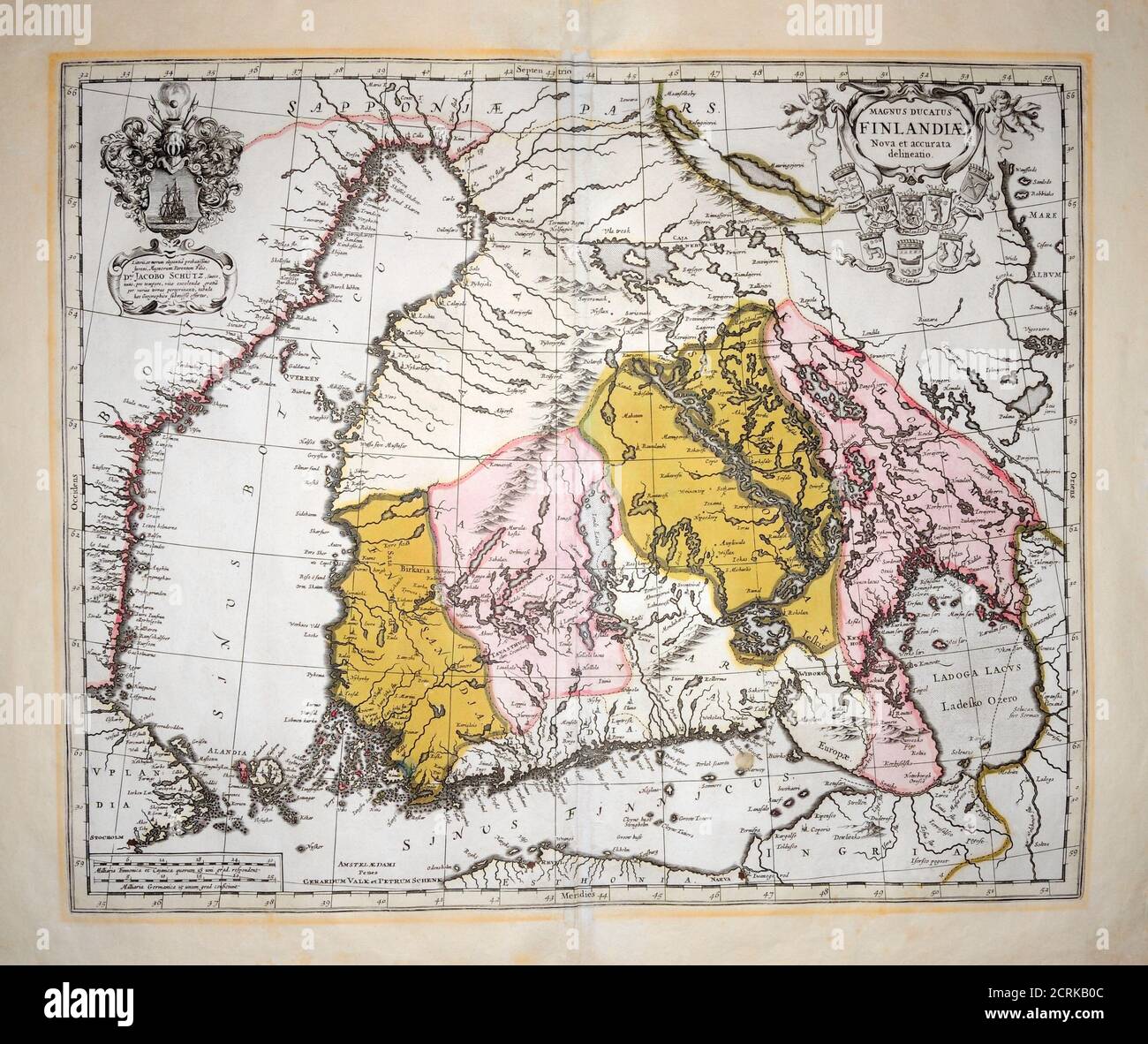 Magnus Ducatus FINLANDIAE. Nova et accurata delineatio. This map is based on Anders Bureus map of the Northern Europe, 1626. Gerhard Valck, ( Valk), a Stock Photo