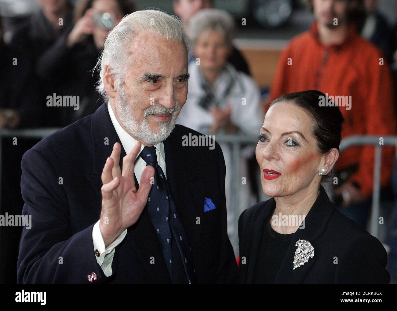 U.S. actor Christopher Lee (L) and his wife Birgit arrive at the 45th Annual Rose d'Or Festival in Lucerne, Switzerland, May 7, 2005. The Festival Rose d'Or hosts the most prestigious international awards for entertainment television programmes. REUTERS/Pascal Lauener  PLA/AEM/YH Stock Photo