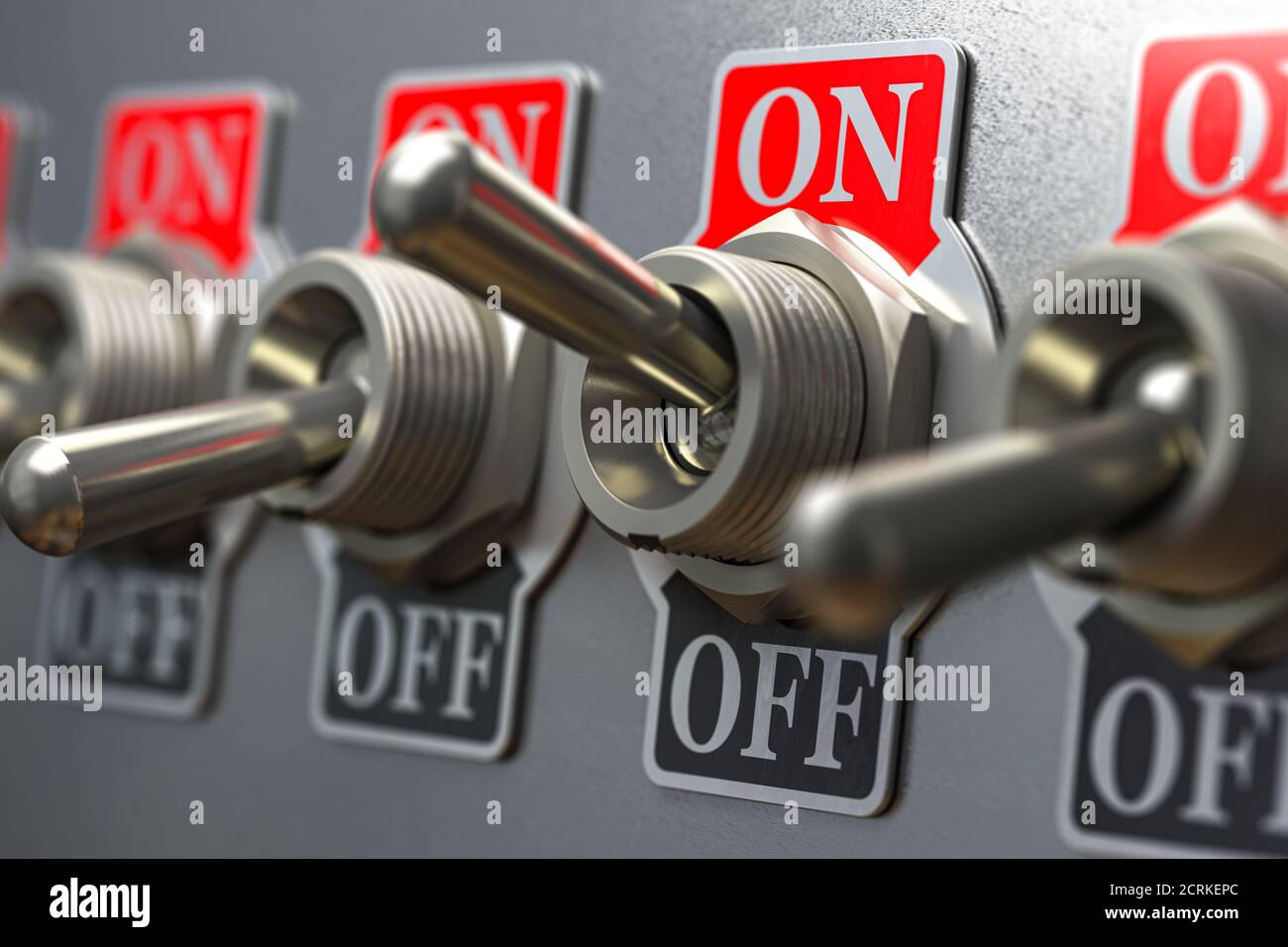 Row of retro toggle switch ON OFF on metal background. 3d illustration ...
