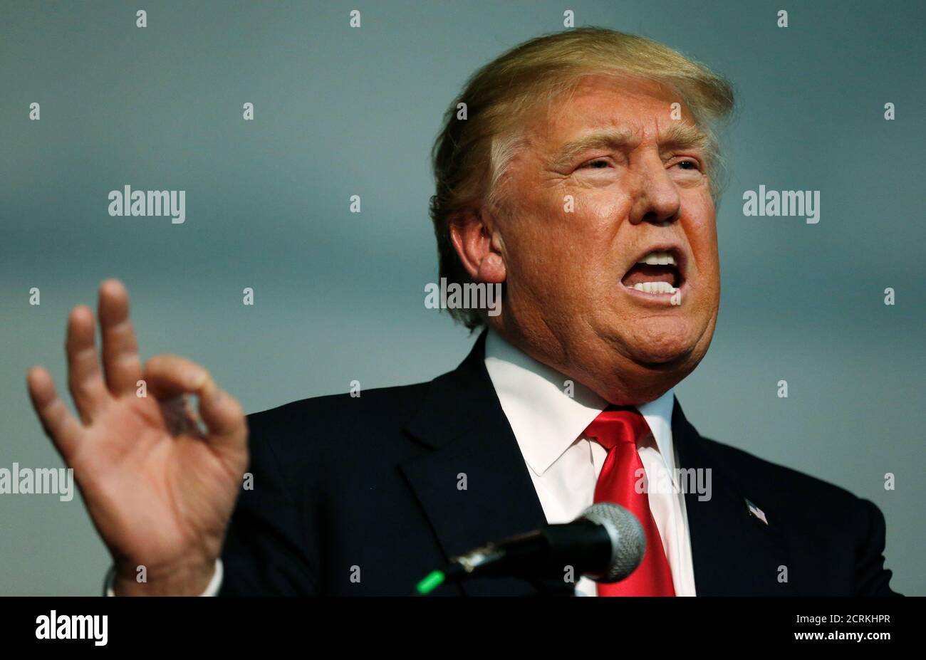 Republican Presidential candidate Donald Trump speaks during the Iowa caucuses at the Seven Flags Event Center in Clive, Iowa February 1, 2016. REUTERS/Jim Bourg Stock Photo