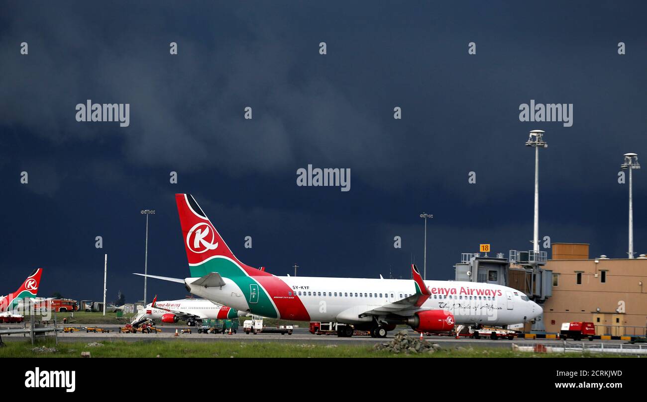 Kenya Airways planes are seen parked during a pilots strike organised by Kenya Airline Pilots Association (KALPA) at the Jomo Kenyatta International airport near Kenya's capital Nairobi, April 28, 2016. REUTERS/Thomas Mukoya     TPX IMAGES OF THE DAY Stock Photo
