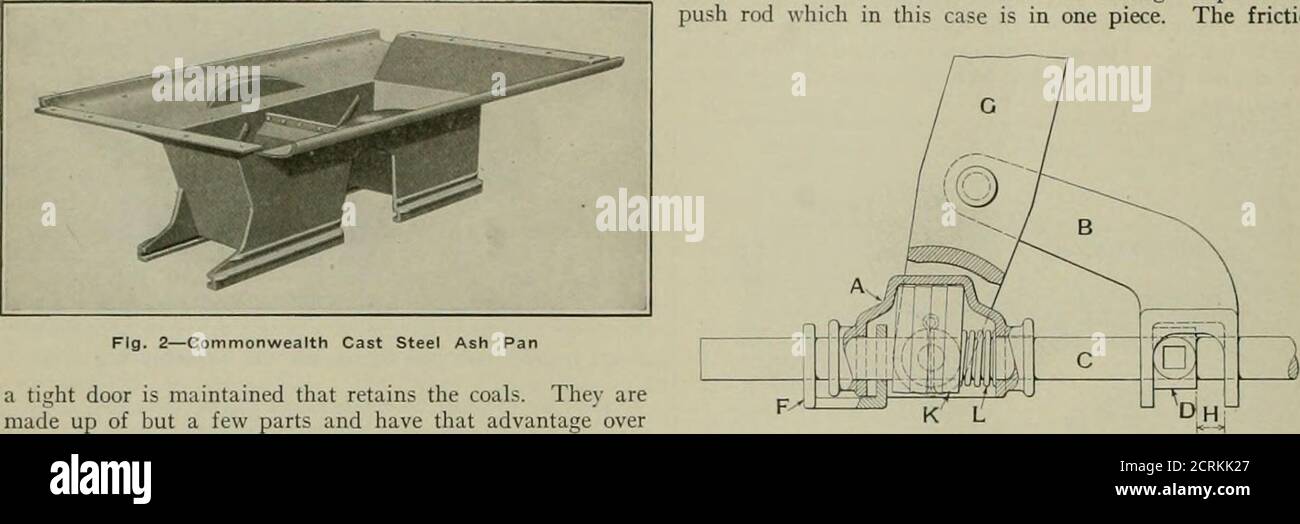 . Railway mechanical engineer . witching. The) meet all Government requirements. The cast steel ash pan is shown in Fig. 2. It is madefor single and double hoppers. These ash pans do awaywith the frequent expensive renewals and repairs character-istic of other types, as they are so designed that they do notburn out. They also prevent live coals from scattering onthe roadwa) and causing fires. As these pans do not warp. a friction sleeve operating between two lugs on the side ofthe Ijarrel member of the slack adjuster, automatically causedthe lengthening of the push rod members on the release o Stock Photo