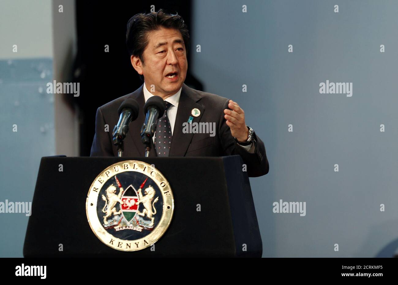 Japan's Prime Minister Shinzo Abe addresses the Sixth Tokyo International Conference on African Development (TICAD VI) in Kenya's capital Nairobi, August 27, 2016. REUTERS/Thomas Mukoya?? Stock Photo