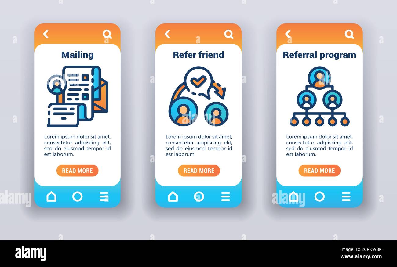 Promotion strategy on mobile app onboarding screens. Flat icons