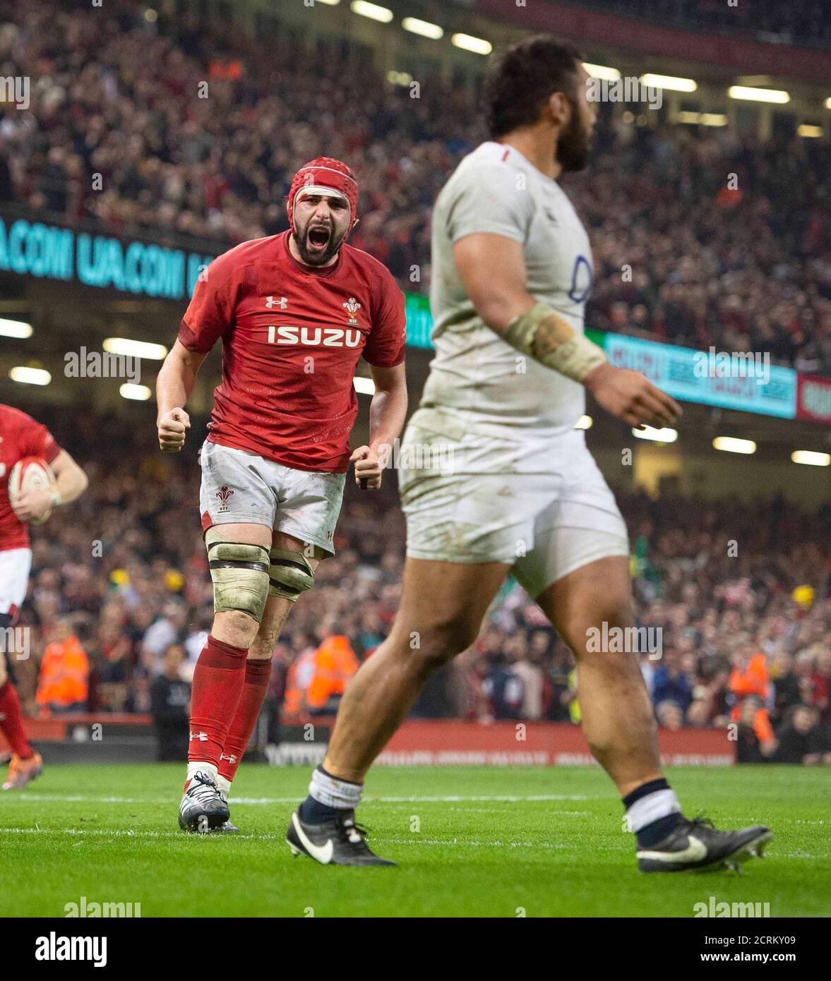 Wales' Cory Hill celebrates scoring his second half try. Wales v England. Six Nations.  PHOTO CREDIT :  © MARK PAIN / ALAMY STOCK PHOTO Stock Photo