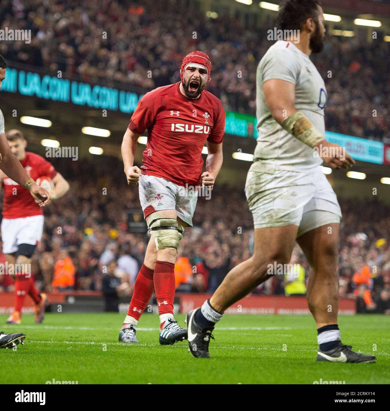 Wales' Cory Hill celebrates scoring his second half try. Wales v England. Six Nations.  PHOTO CREDIT :  © MARK PAIN / ALAMY STOCK PHOTO Stock Photo