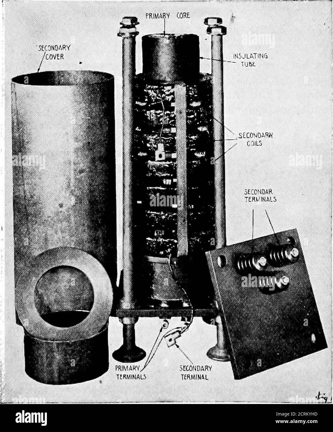 . Practical wireless telegraphy; a complete text book for students of radio communication . 26 to No. 32. Dry insulation is employed and in the larger sizes a blast of air is blownthrough the primary core to keep the transformer cool. The open core transform-ers are designed for primarypotentials from 110 to 500volts and for frequencies from60 to 500 cycles. The sec-ondary potential rarely ex-ceeds 15,000 volts. The transformer shown inFig. 131 is one of the open-core type supplied with the2 K. W. transmitters of theAmerican Marconi Company.The primary core and wind-ing are inserted in a Micar Stock Photo