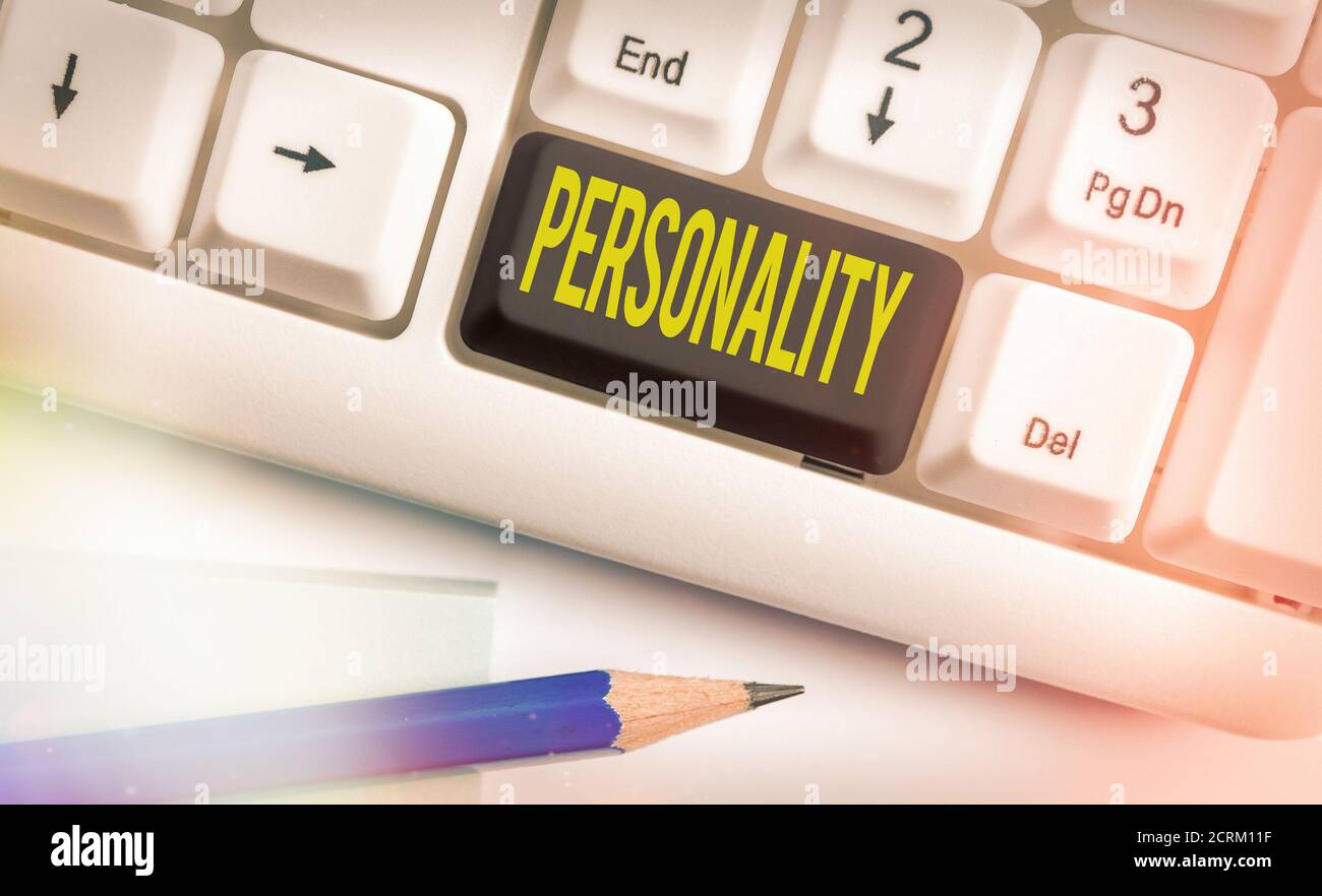 Text sign showing Personality. Business photo text the condition or fact of relating to a particular an individual Different colored keyboard key with Stock Photo