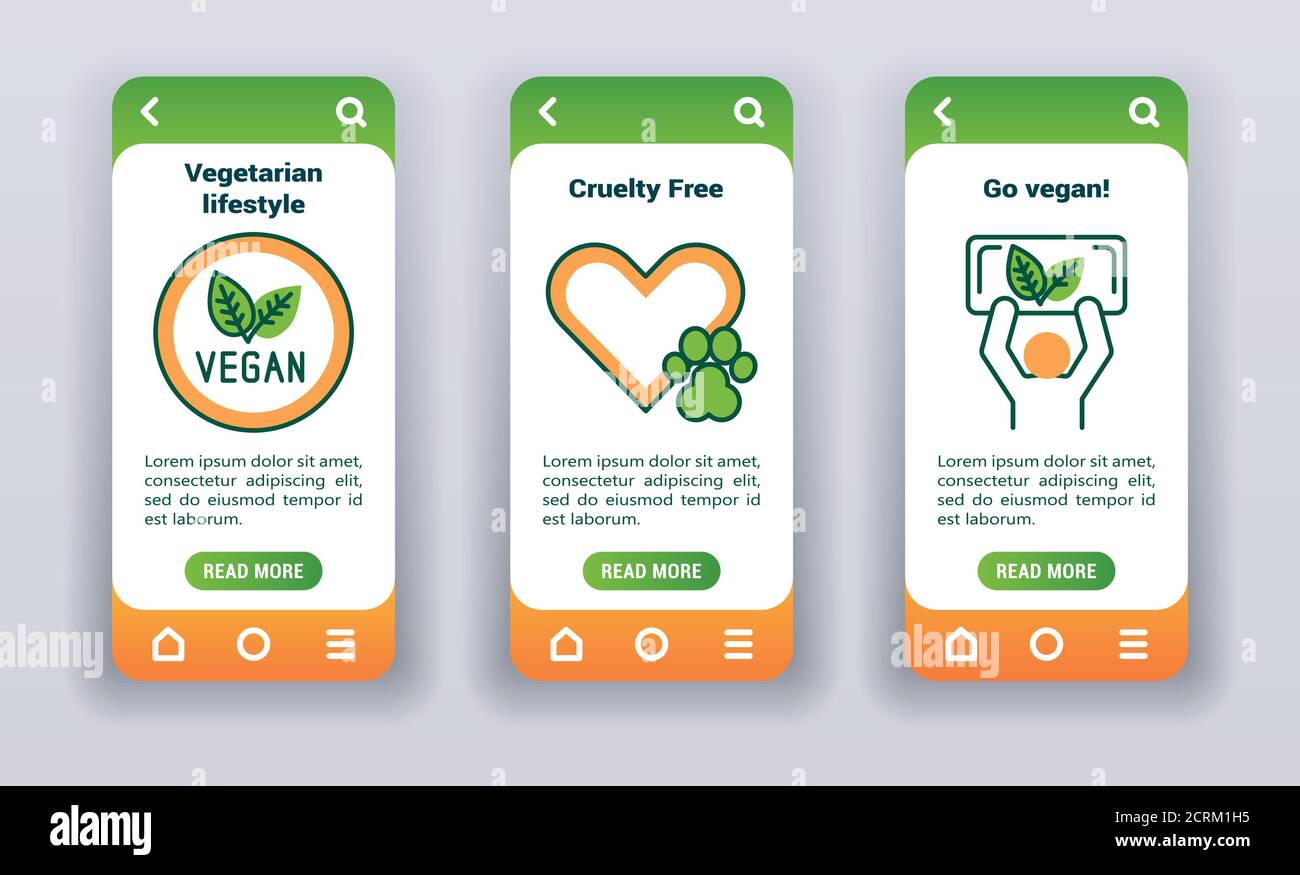 Vegetarianism on mobile app onboarding screens. UI UX GUI template