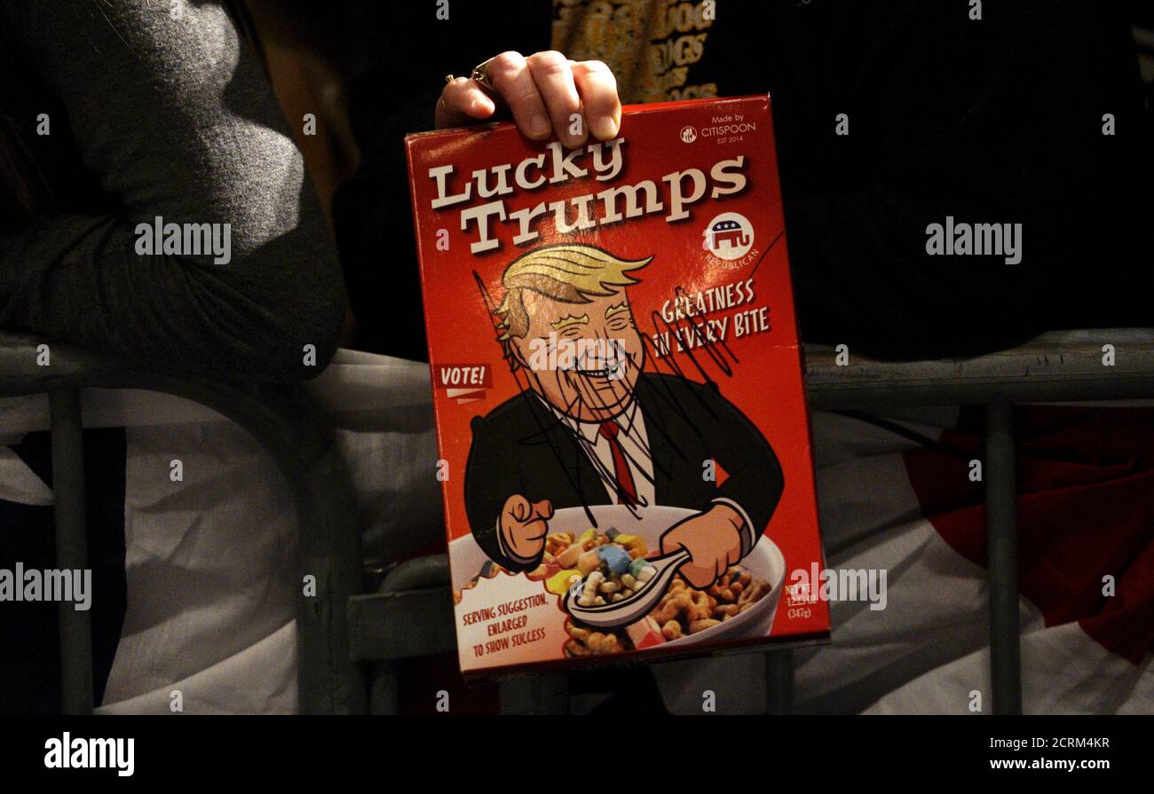 U.S. Republican presidential candidate Donald Trump's image is seen on a  mock cereal box similar to Lucky Charms cereal after Trump autographed it  at a campaign town hall in Davenport, Iowa January