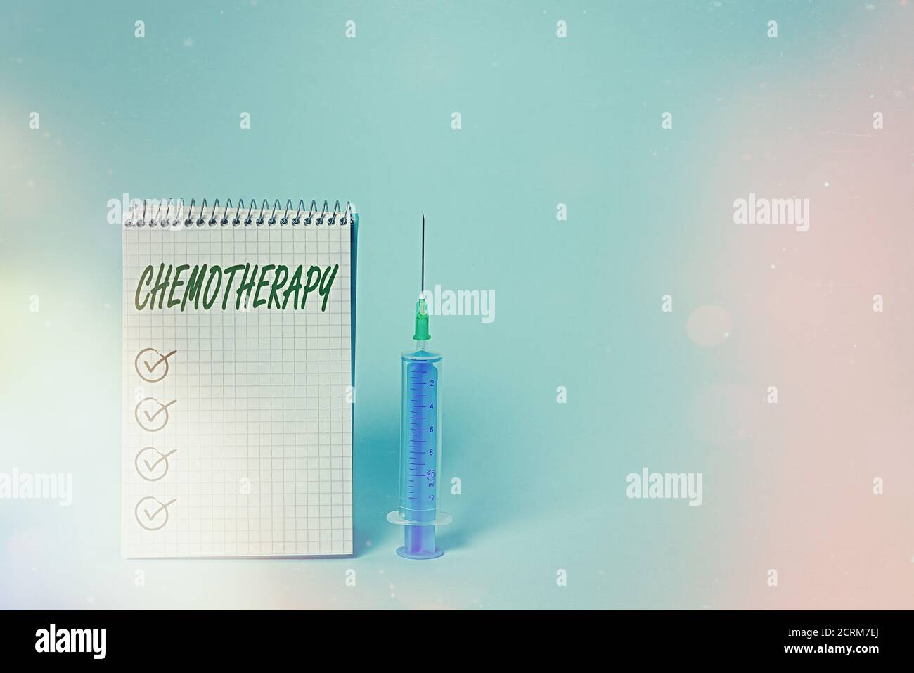 Conceptual hand writing showing Chemotherapy. Concept meaning treatment of disease used chemical substances for cancer Set of medical equipment with n Stock Photo