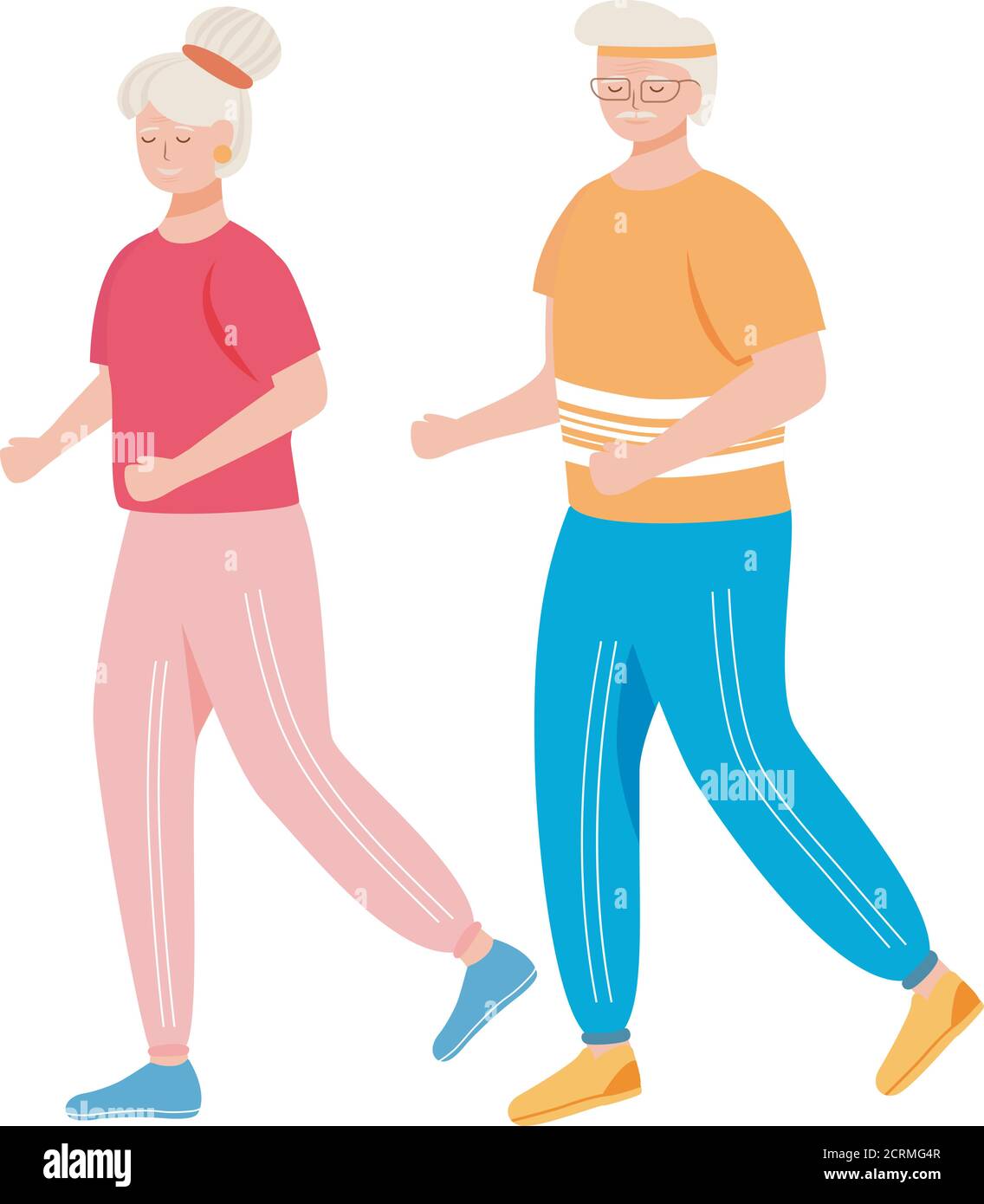 Retired people training flat vector illustration. Physical activity. Healthy lifestyle. Old couple in tracksuits are running. Active pensioners Stock Vector