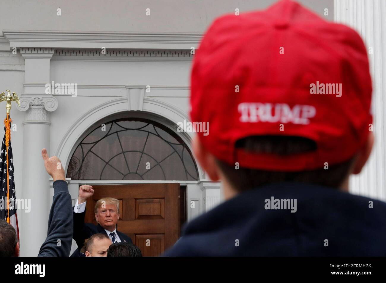 U.S. President Donald Trump meets with supporters from a group called 'Bikers for Trump' at the Trump National Golf Club in Bedminster, New Jersey, U.S., August 11, 2018. REUTERS/Carlos Barria Stock Photo