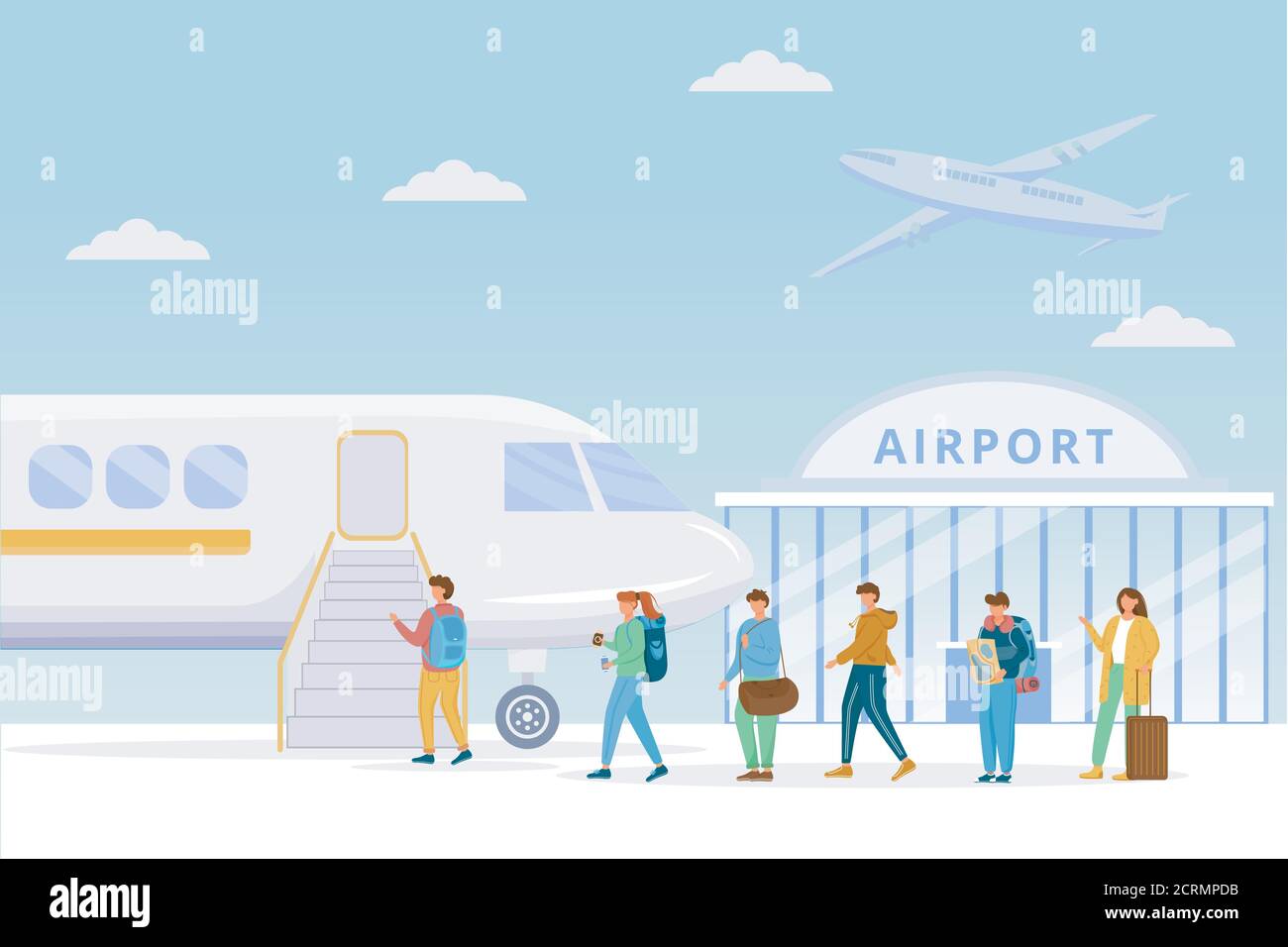 Passengers boarding plane flat vector illustration. Airport. People on  airfield. Tourists, travelers fly on charter flight. Men and women climb  the Stock Vector Image & Art - Alamy