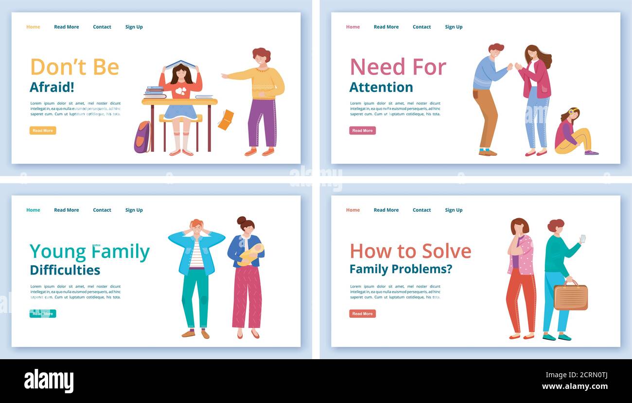 Trouble relationship landing page vector template set. Young families ...