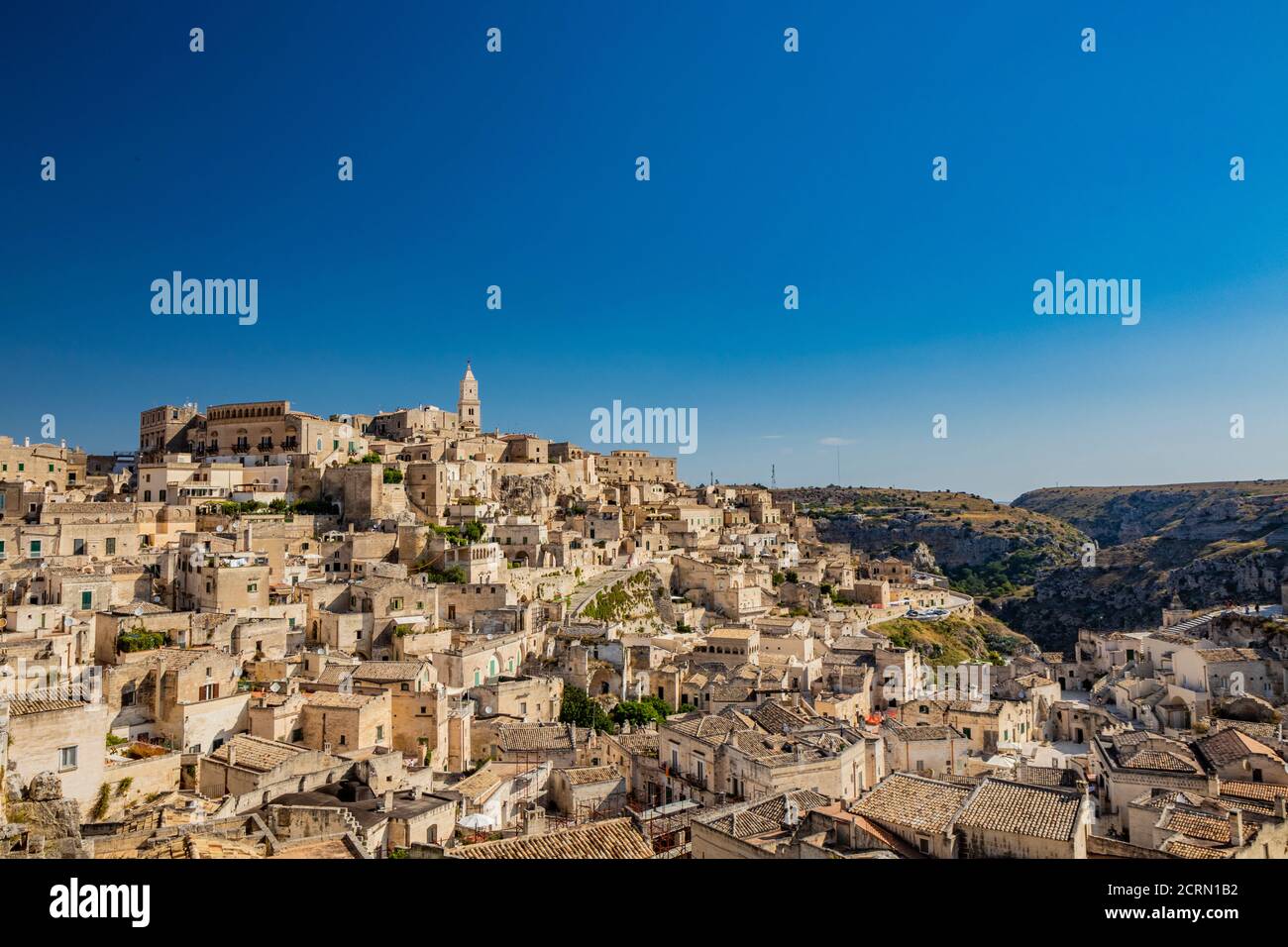 Matera, Basilicata, Italy - Panoramic view from the top of the Sassi of Matera, Barisano and Caveoso. The ancient houses of stone and brick, carved in Stock Photo