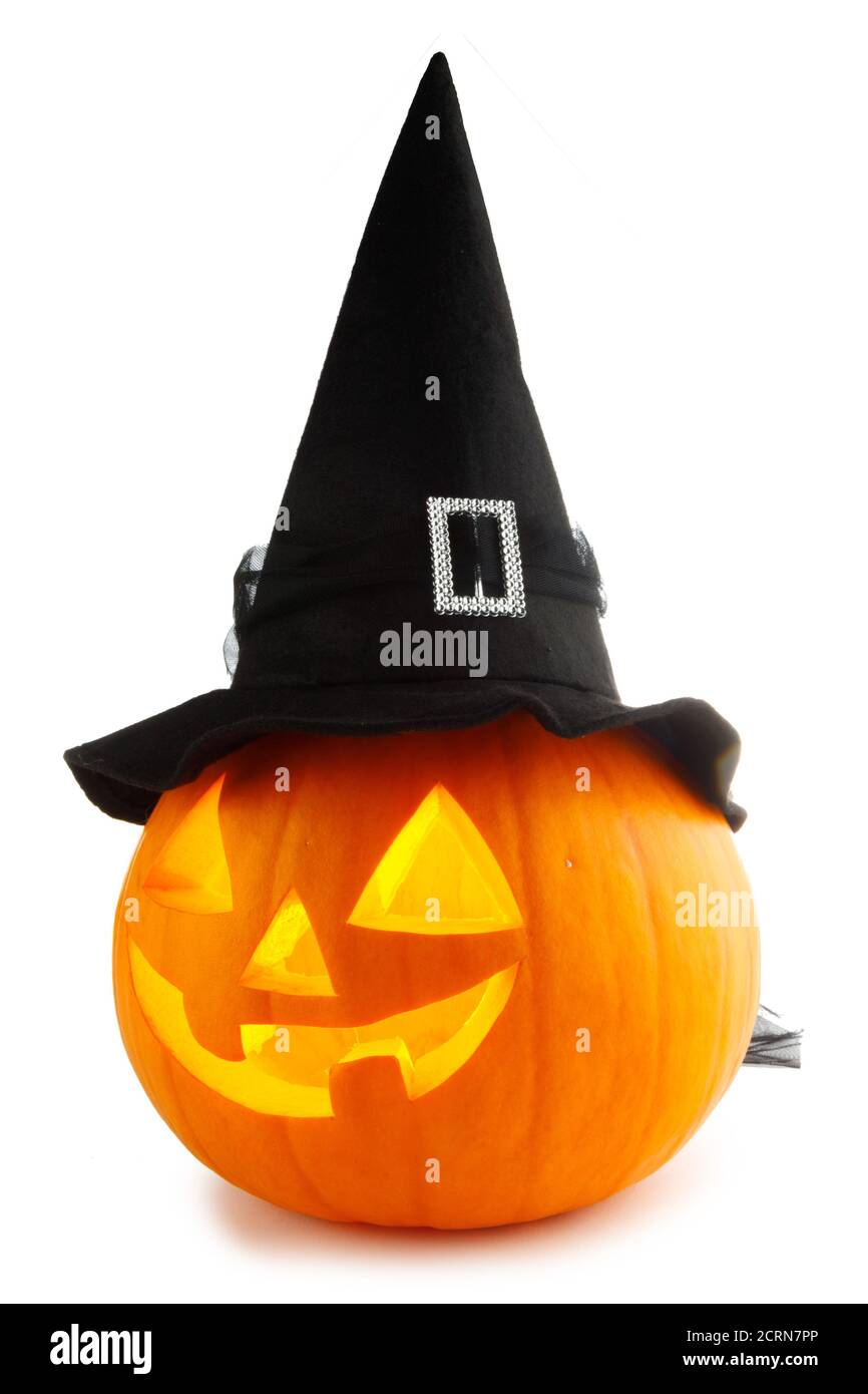 Jack O Lantern Halloween pumpkin with witches hat isolated on white ...