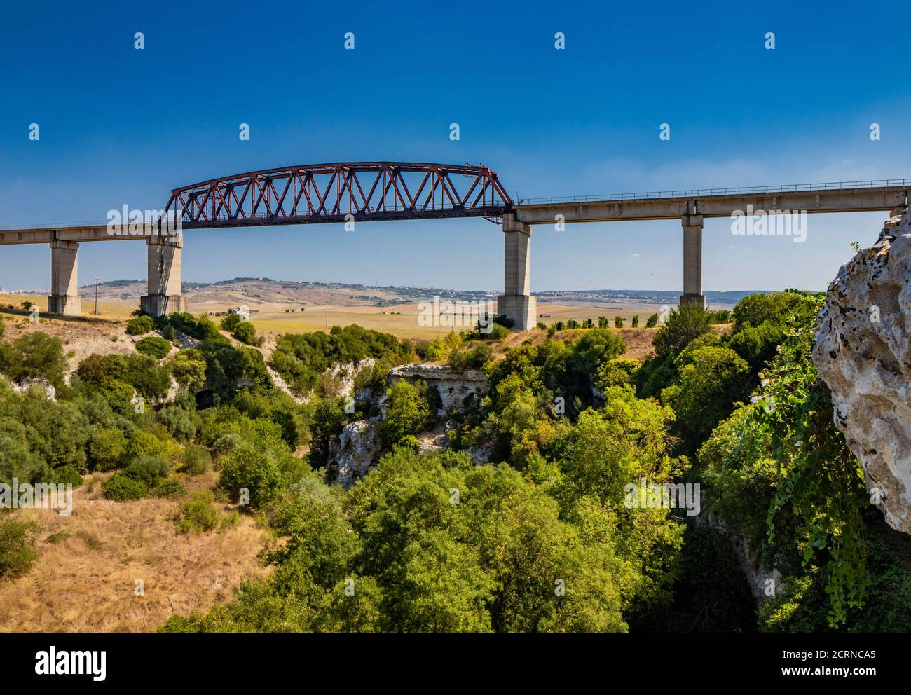 A viaduct crosses a ravine in Basilicata, Italy. The elevated road, over the fields and green hills of southern Italy. Vegetation and trees at the bot Stock Photo