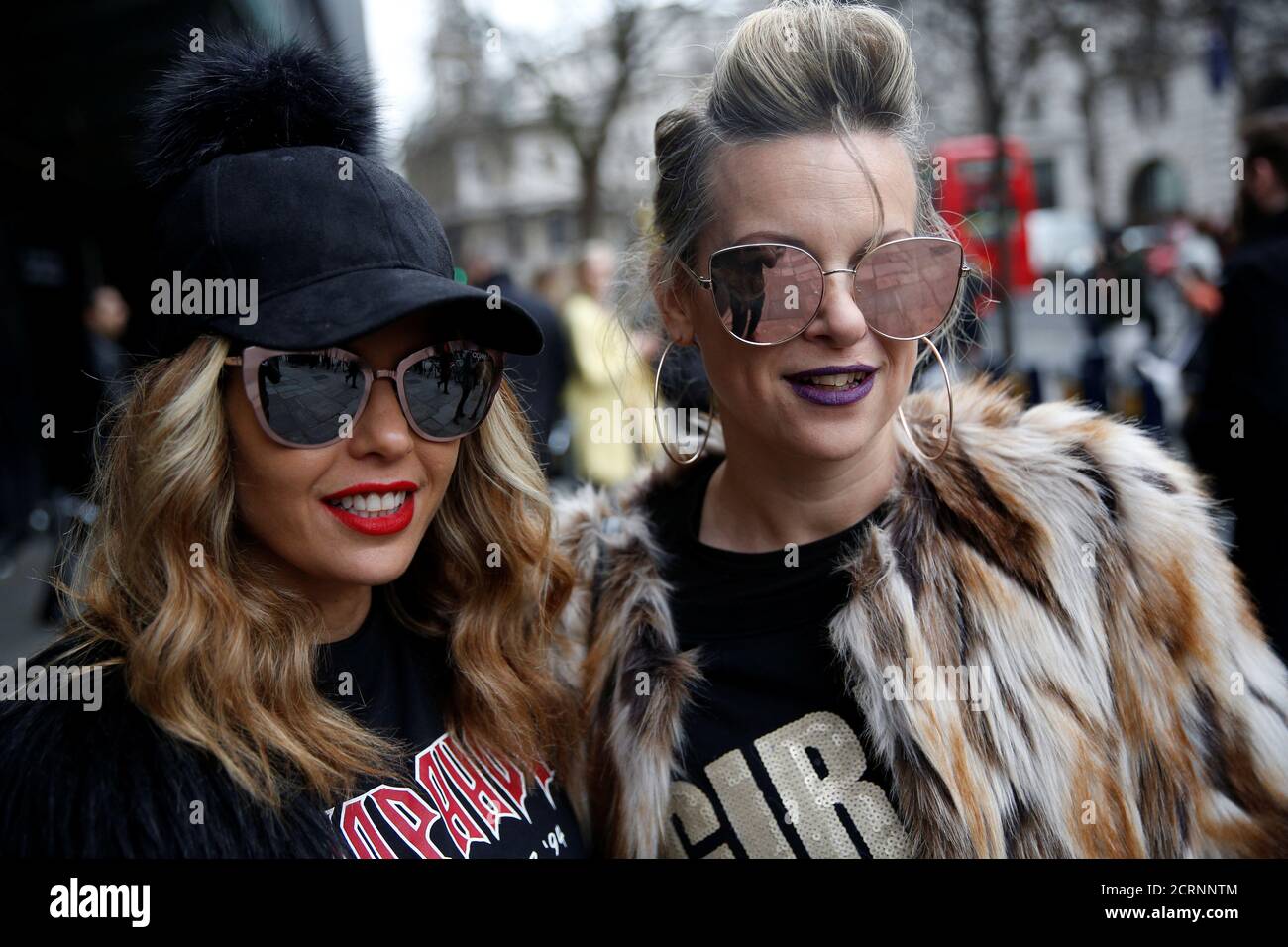Fashion writers Vered Horen and Shiri Wizner pose for a portrait during London Fashion Week in London, Britain February 21, 2017. REUTERS/Neil Hall Stock Photo