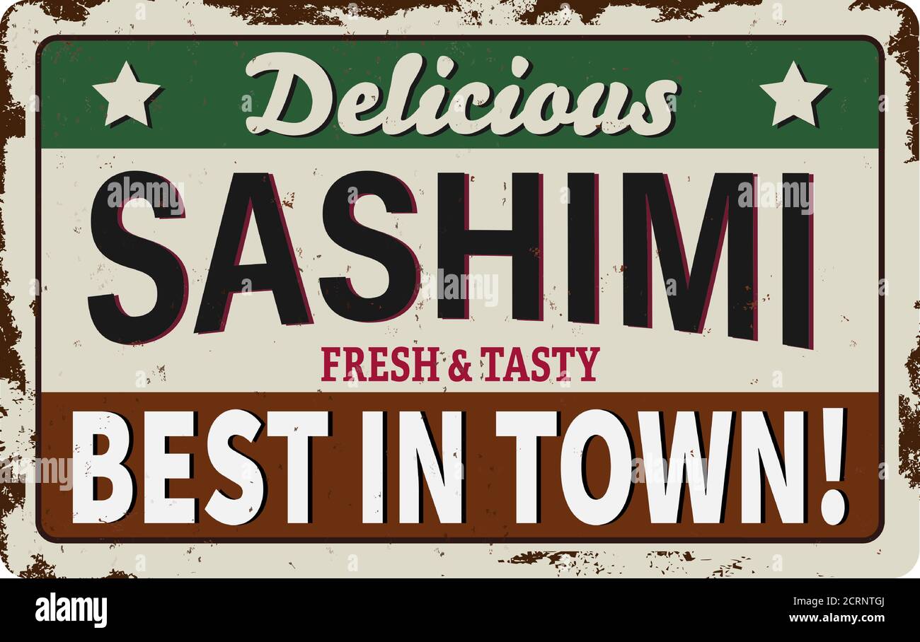 sashimi rusty metal plate, Japanese food vector vintage rust tin sign ...