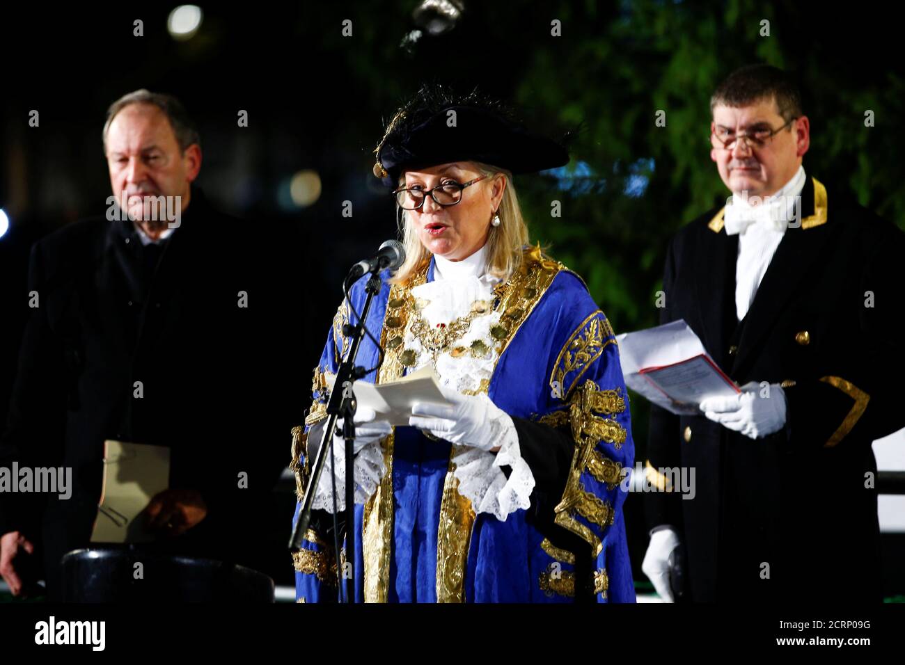 The Lord Mayor of Westminster Lindsey Hall speaks during the Trafalgar Square Christmas tree lighting ceremony in London, Britain, December 6, 2018. REUTERS/Henry Nicholls Stock Photo