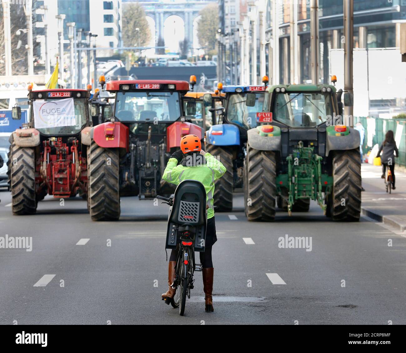 European farmers take part in a demonstration near the EU headquarters in Brussels, Belgium, March 14, 2016.     REUTERS/Francois Lenoir Stock Photo