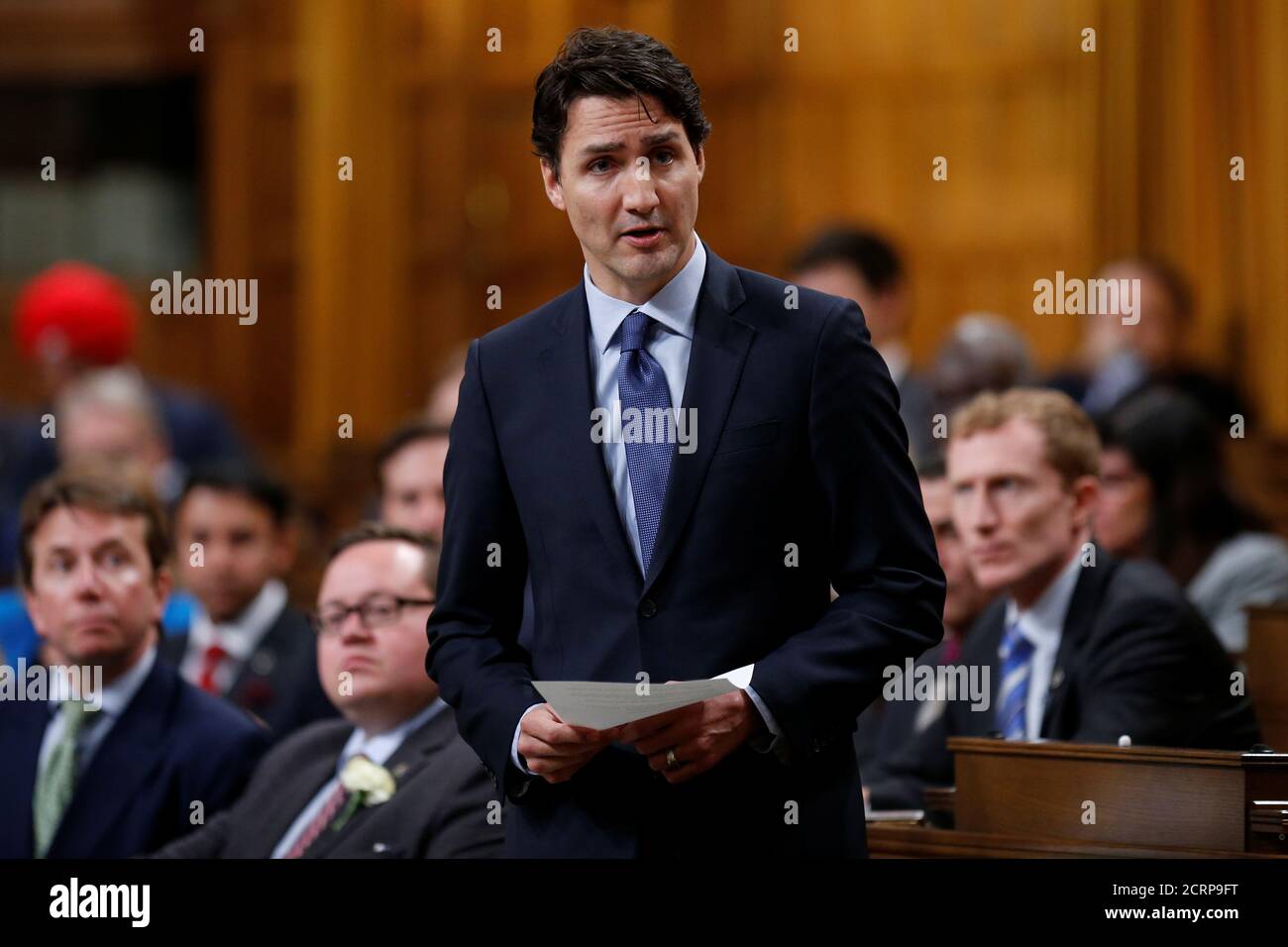 Canada's Prime Minister Justin Trudeau delivers an apology in the House of Commons on Parliament Hill in Ottawa, Ontario, Canada, May 19, 2016 following a physical altercation the previous day. REUTERS/Chris Wattie Stock Photo
