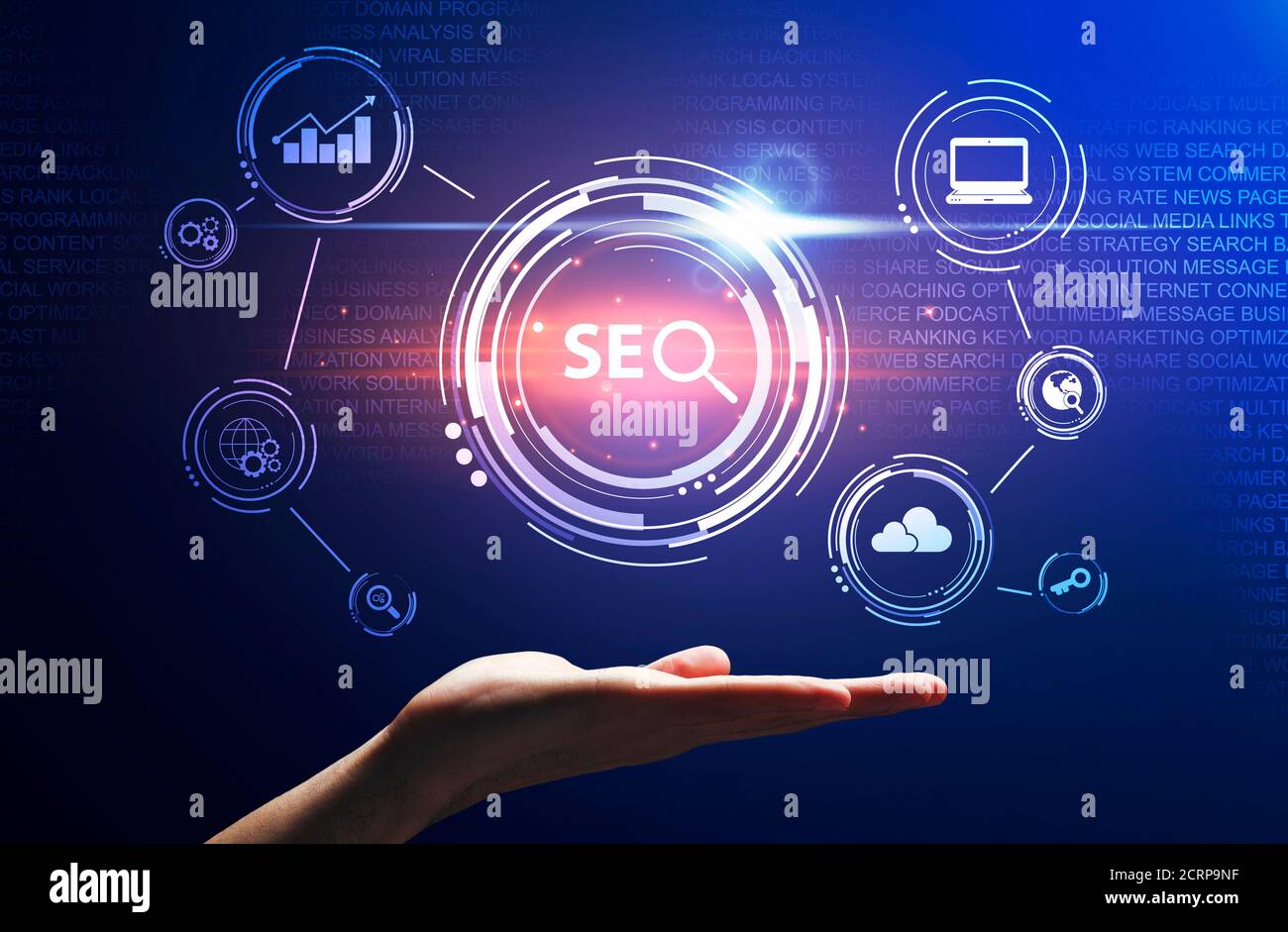 Female Hand Holding Seo-Optimization Scheme For Web Content, Blue Background Stock Photo