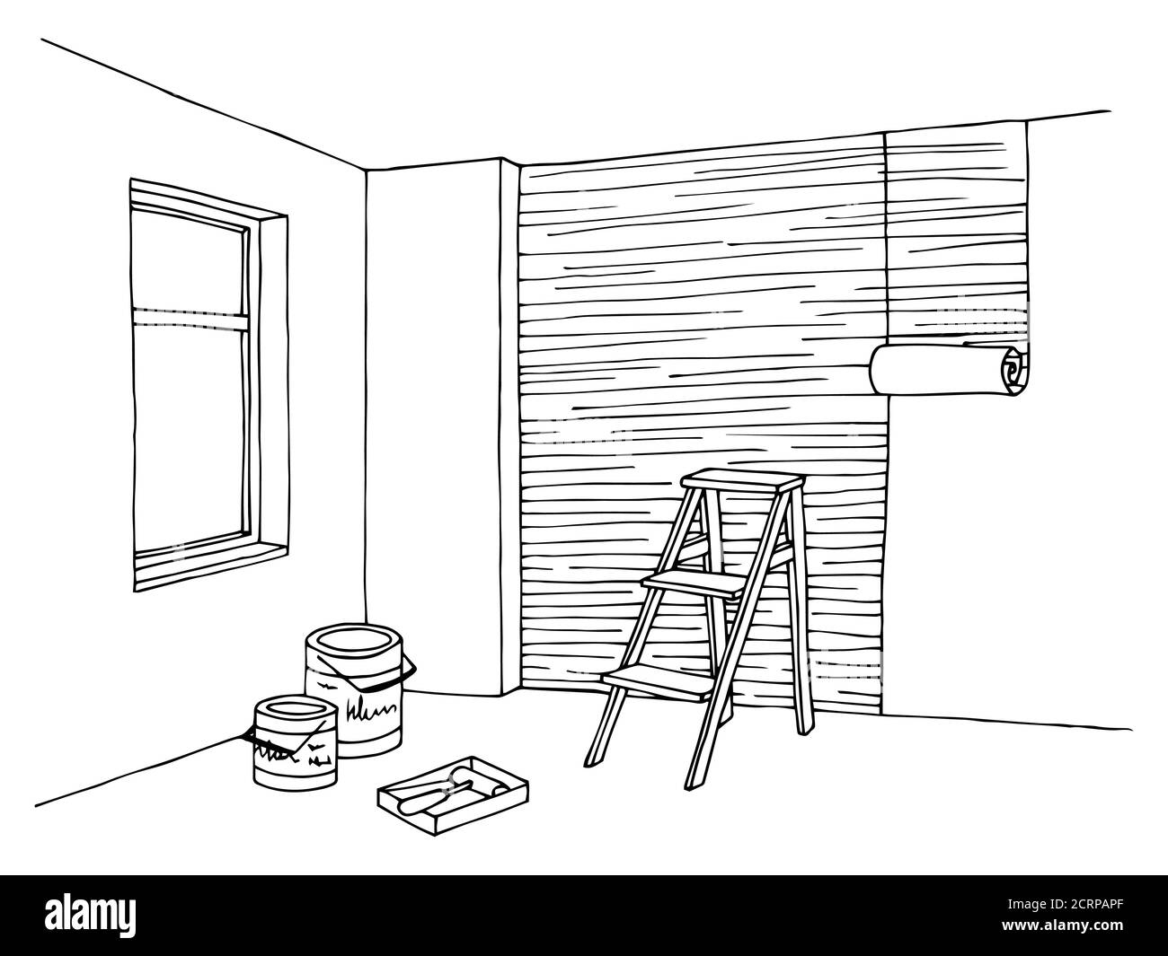 Remodel room graphic art black white interior illustration vector Stock Vector