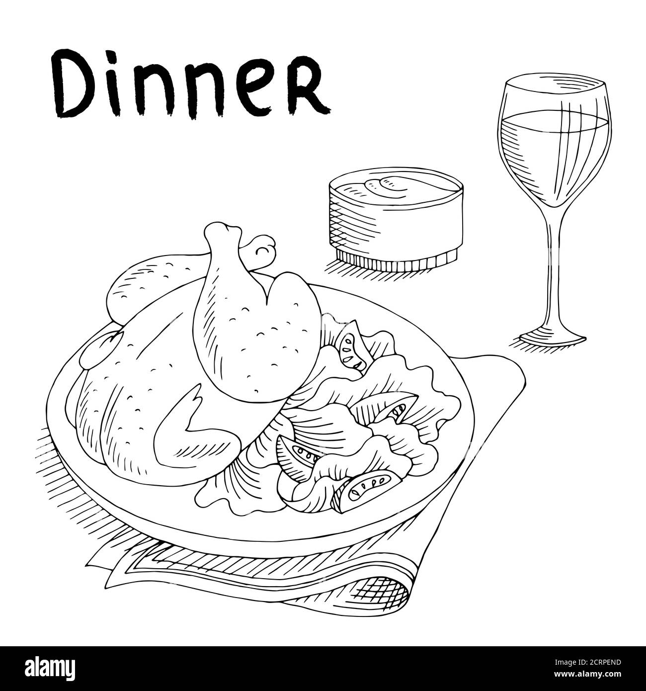 Dinner food chicken salad wine glass graphic art black white sketch illustration vector Stock Vector
