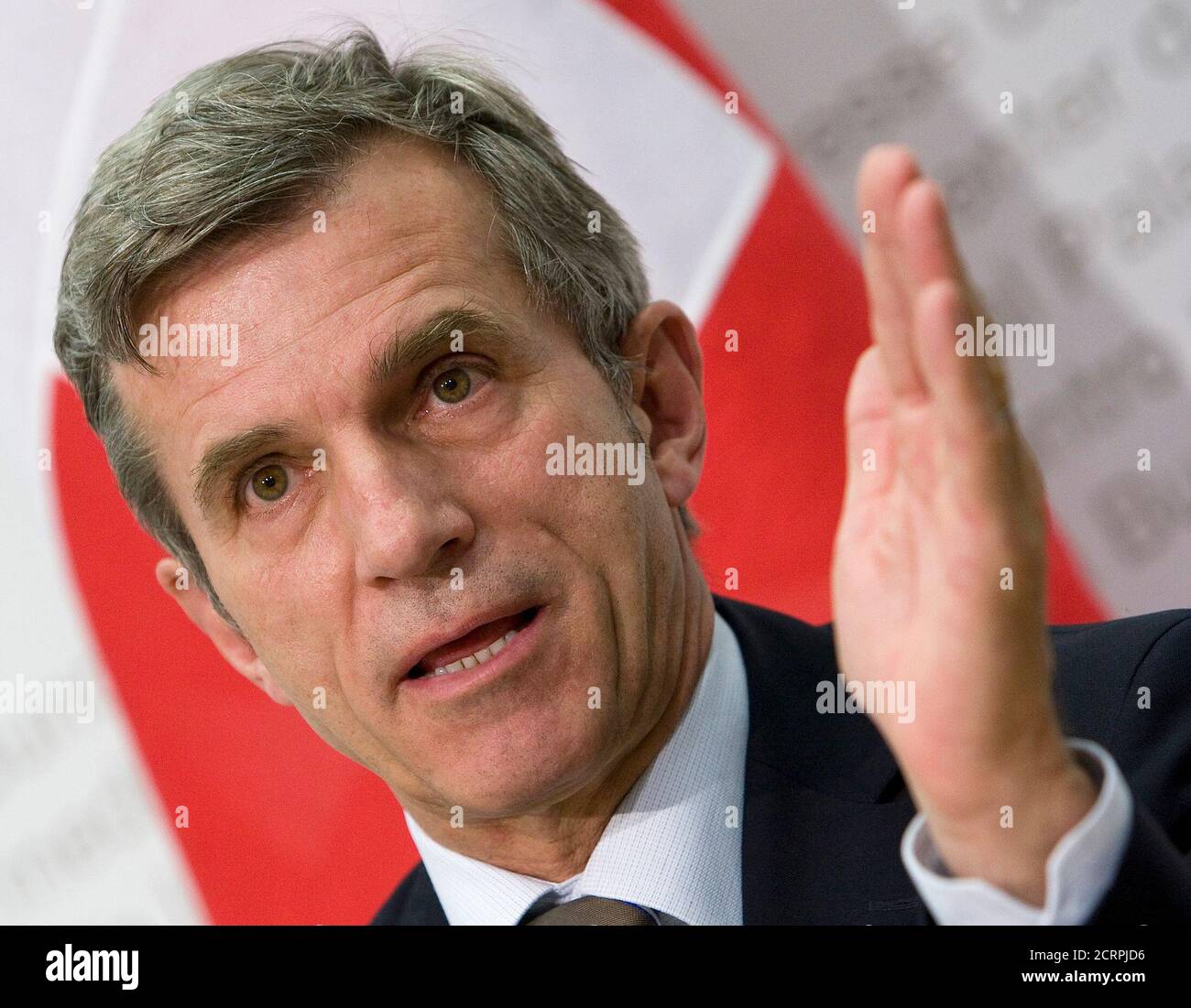 Thomas Zeltner, Director of the Federal Office of Public Health (BAG) gestures during a news conference on the popular vote ' Yes to the complementary medicine' ('Ja zur Komplementaermedizin') in Bern April 9, 2009. REUTERS/Pascal Lauener (SWITZERLAND POLITICS HEADSHOT) Stock Photo