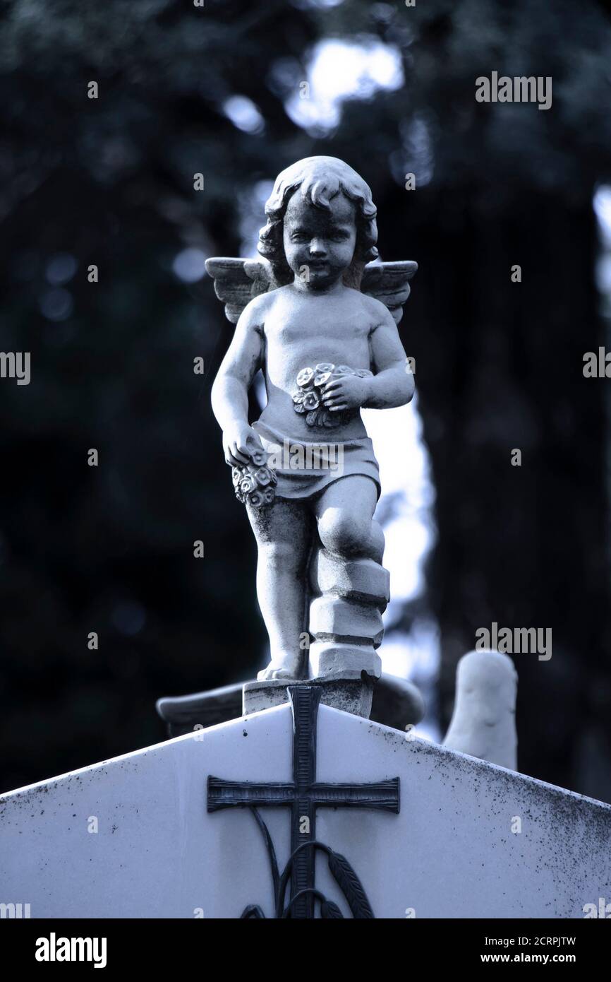 Small statue of a little angel boy with the wings  at the gravestone at the old cemetery in Dalmatia, Croatia, close up on moonlight Stock Photo