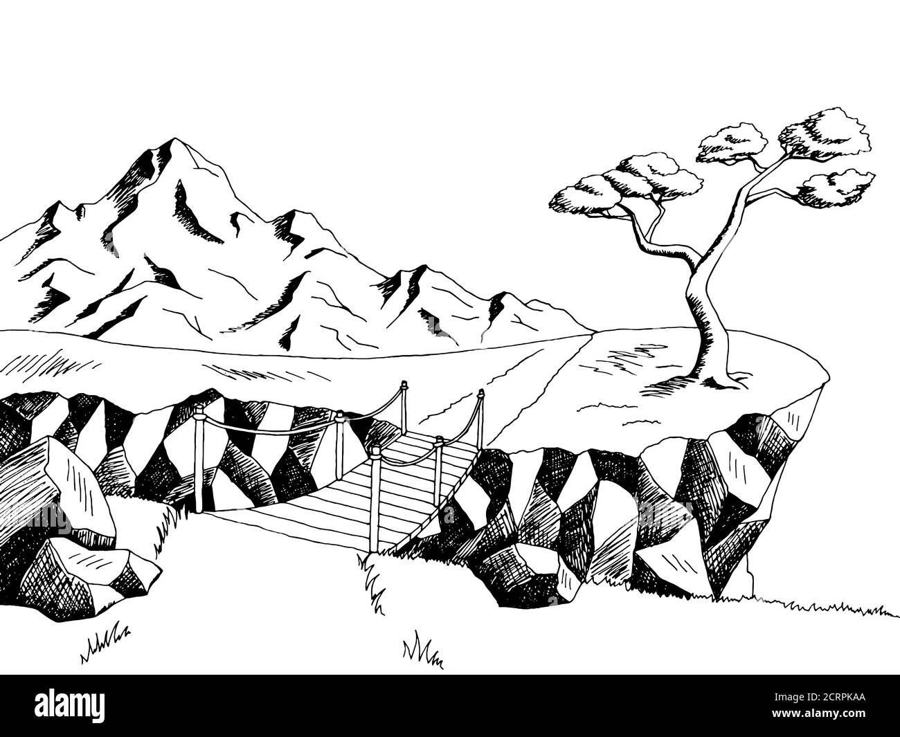 Mountain road bridge graphic art black white landscape illustration vector Stock Vector