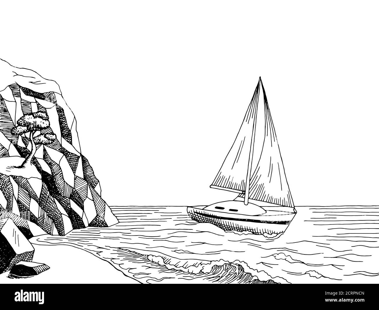 Sea coast yacht graphic art pine black white landscape illustration vector Stock Vector
