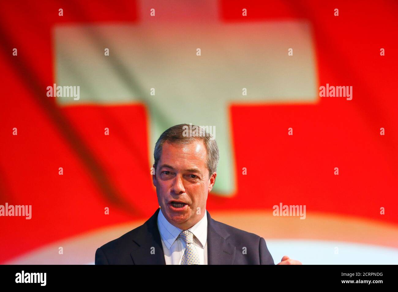 Nigel Farage, leader of the United Kingdom Independence Party (UKIP) delivers a speech during an extra-ordinary meeting of the Action for an Independent and Neutral Switzerland AUNS in the northern Swiss town of Winterthur October 4, 2014.  REUTERS/Arnd Wiegmann (SWITZERLAND - Tags: POLITICS HEADSHOT) Stock Photo