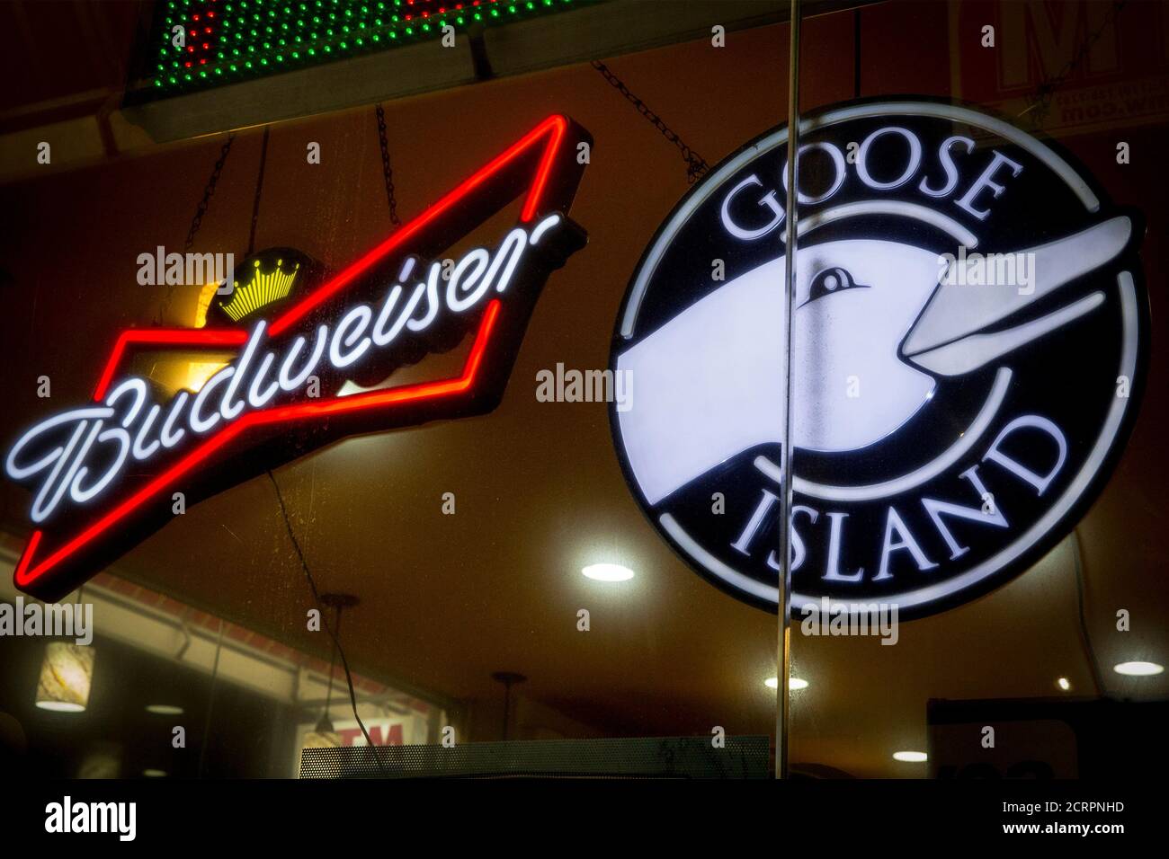 A Budweiser sign is displayed along side a sign for Goose Island beer at a store in Brooklyn, New York January 14, 2015.  Growth of AB InBev's Shock Top and Goose Island had slowed sharply since national roll-outs, in the case of Shock Top to a high single-digit percentage last year, compared to an average rate of 15-17 percent for a craft beer, Chris Shepard, assistant editor at Beer Marketer's Insights said.  Picture taken January 14, 2015.      REUTERS/Brendan McDermid    (UNITED STATES - Tags: BUSINESS) Stock Photo