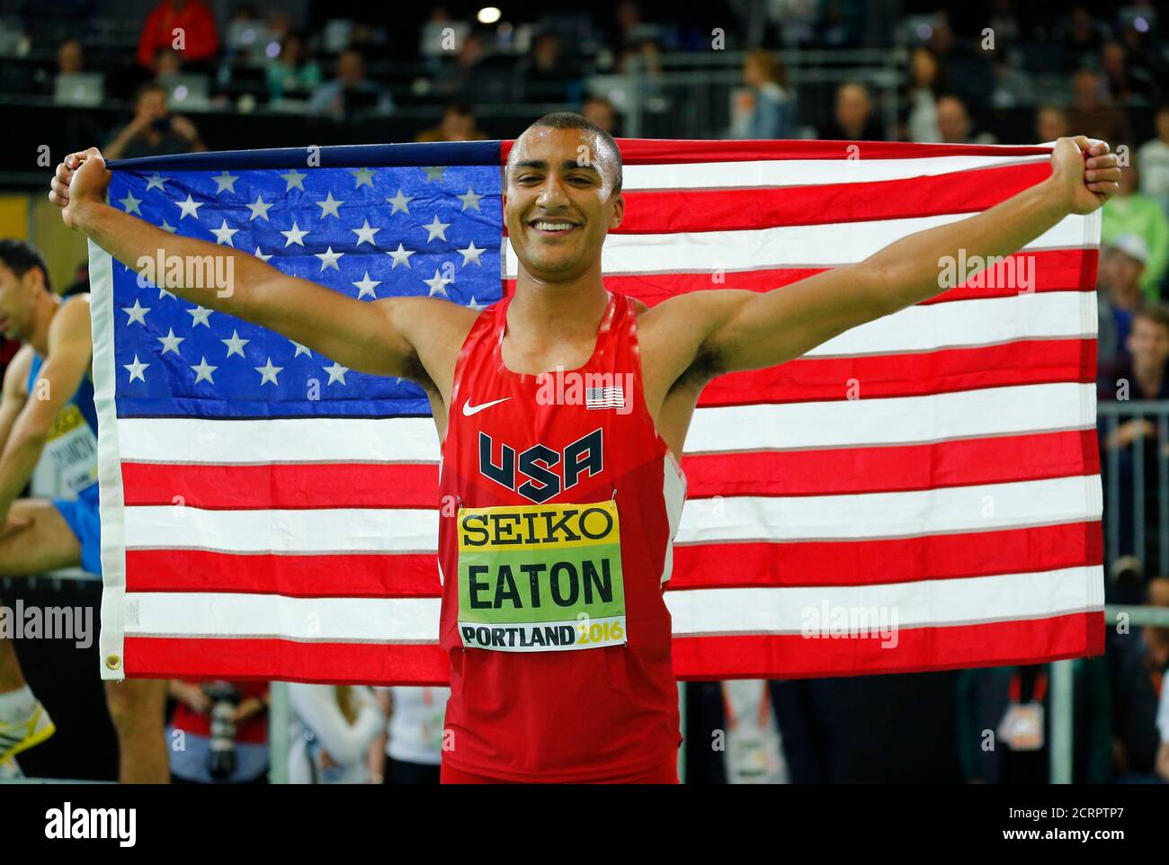 Ahton Eaton of the U.S. celebrates after winning the gold medal in the men's heptathlon during the IAAF World Indoor Athletics Championships in Portland, Oregon March 19, 2016. REUTERS/Mike Blake Stock Photo