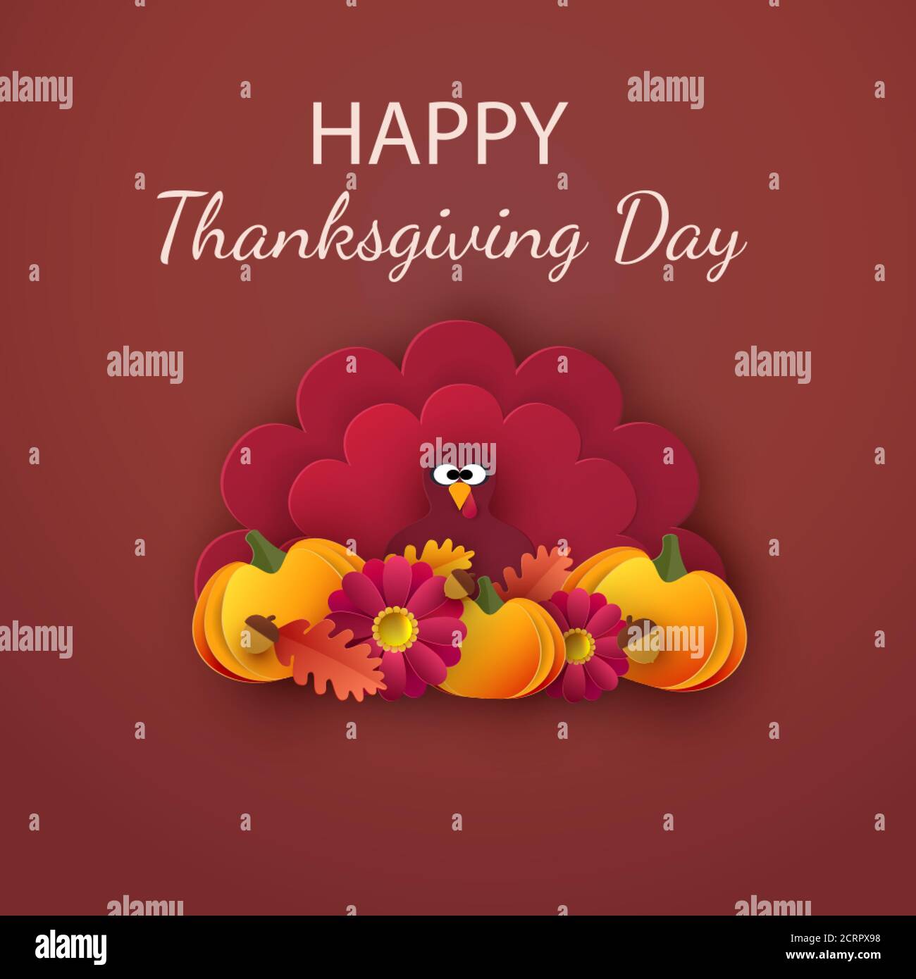 Happy Thanksgiving greeting card, poster, banner, flyer. Autumn background with leaves, acorns, pumpkin and cute cartoon turkey. Vector Stock Vector