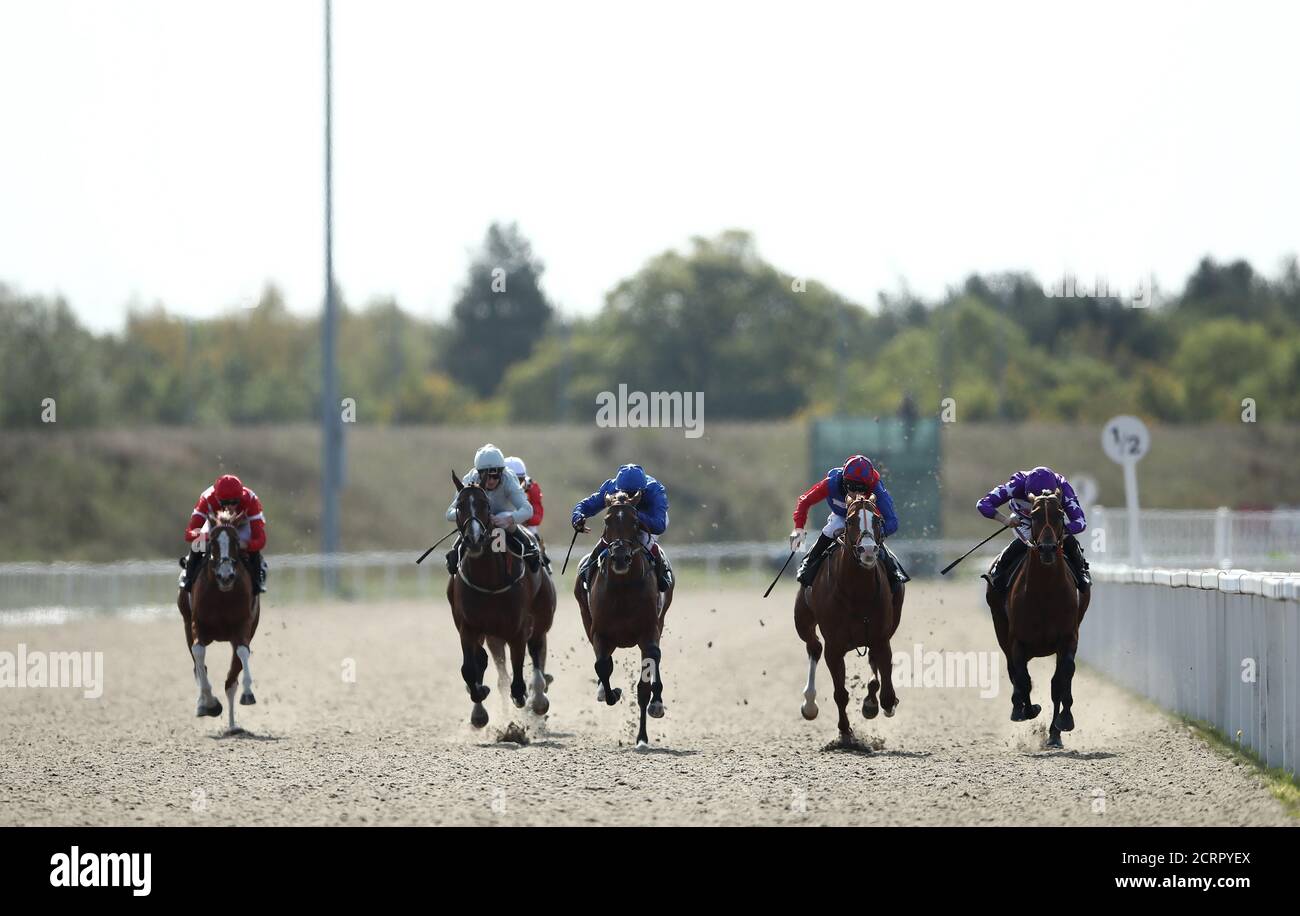 Oh This Is Us ridden by Ryan Moore (far right) coming home to win the CCR Handicap at Chelmsford City Racecourse. Stock Photo
