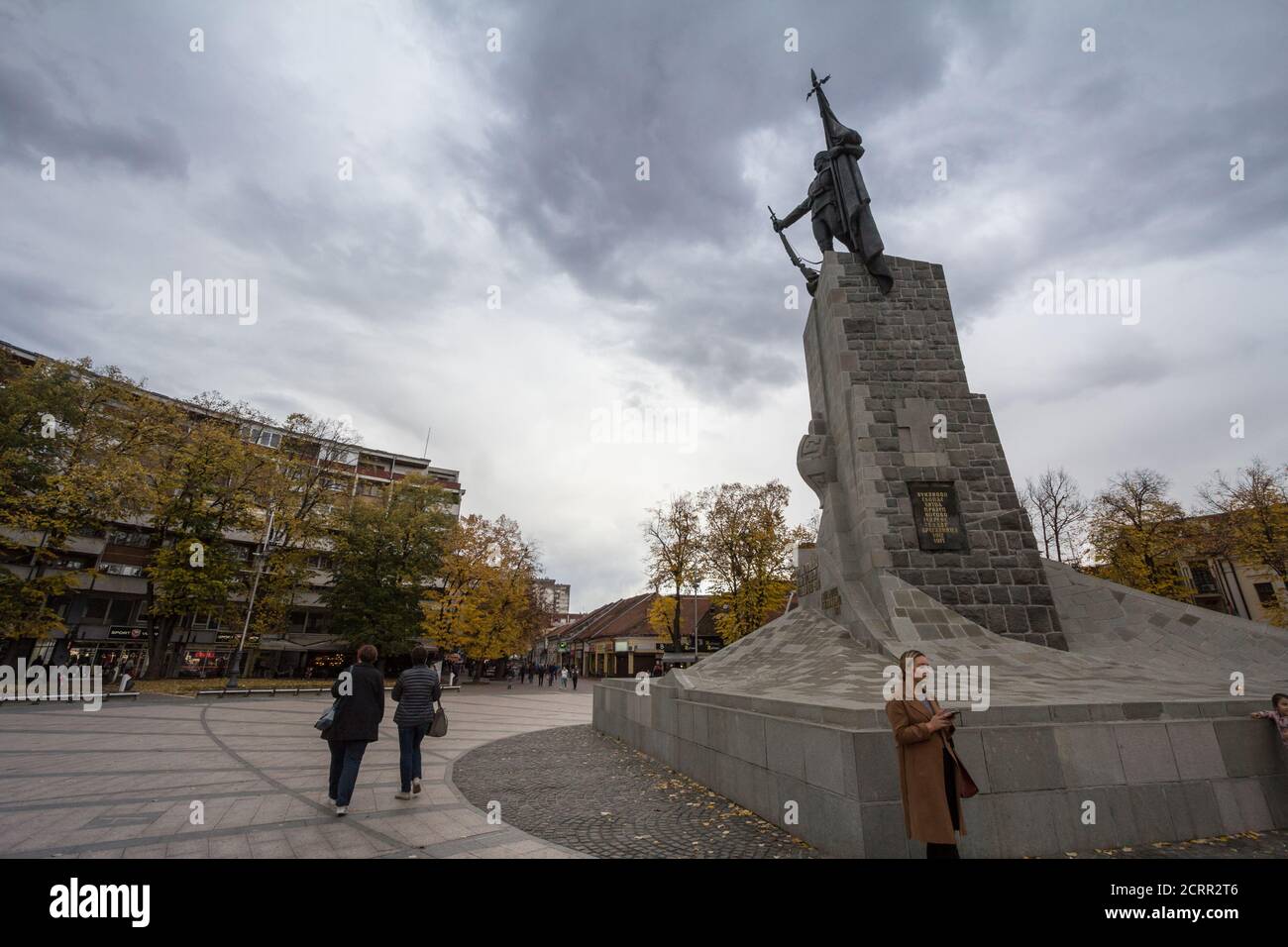 KRALJEVO, SERBIA - NOVEMBER 10, 2019: Monument to the Serbian Soldier, called Milutin, on the main square of Kralevo, Trg Srpskih Ratnika, a major lan Stock Photo