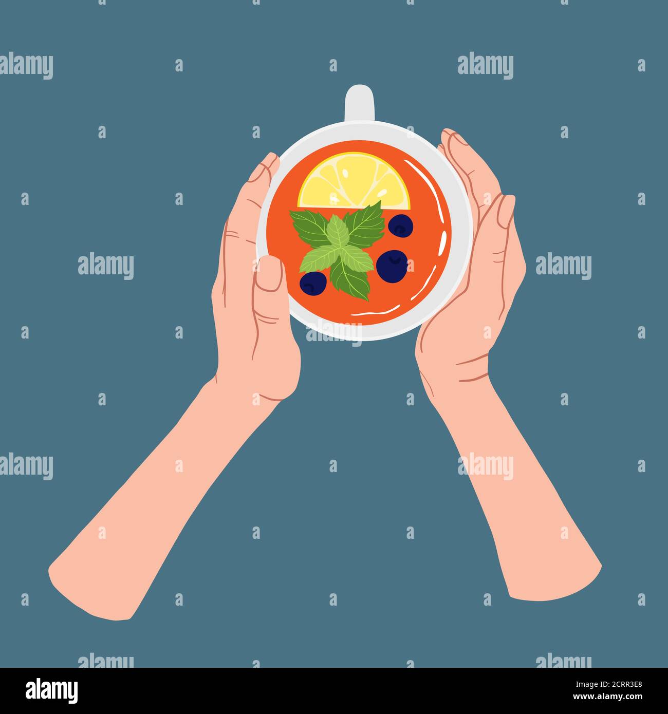 Two hands holding white cup of tea with lemon, mint and berries. Top view. Vector illustration in flat cartoons style. Tea Break, Cup Mug with hot dri Stock Vector