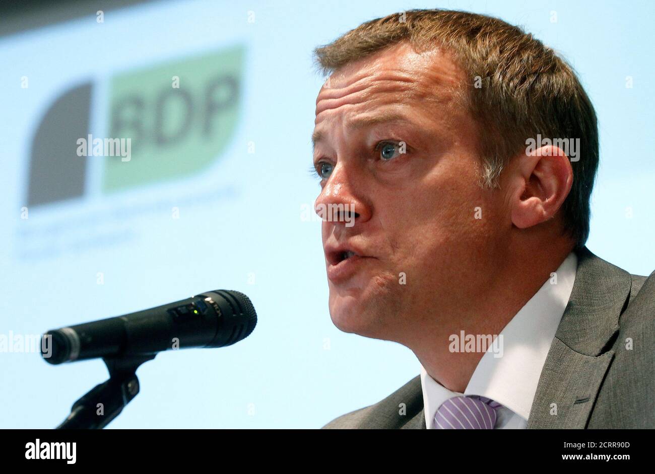 Martin Landolt, newly elected president of the Swiss Buergerlich Demokratische Partei (BDP) addresses a party meeting in the Swiss town of Glarus May 5, 2012.  REUTERS/Arnd Wiegmann (SWITZERLAND - Tags: POLITICS) Stock Photo
