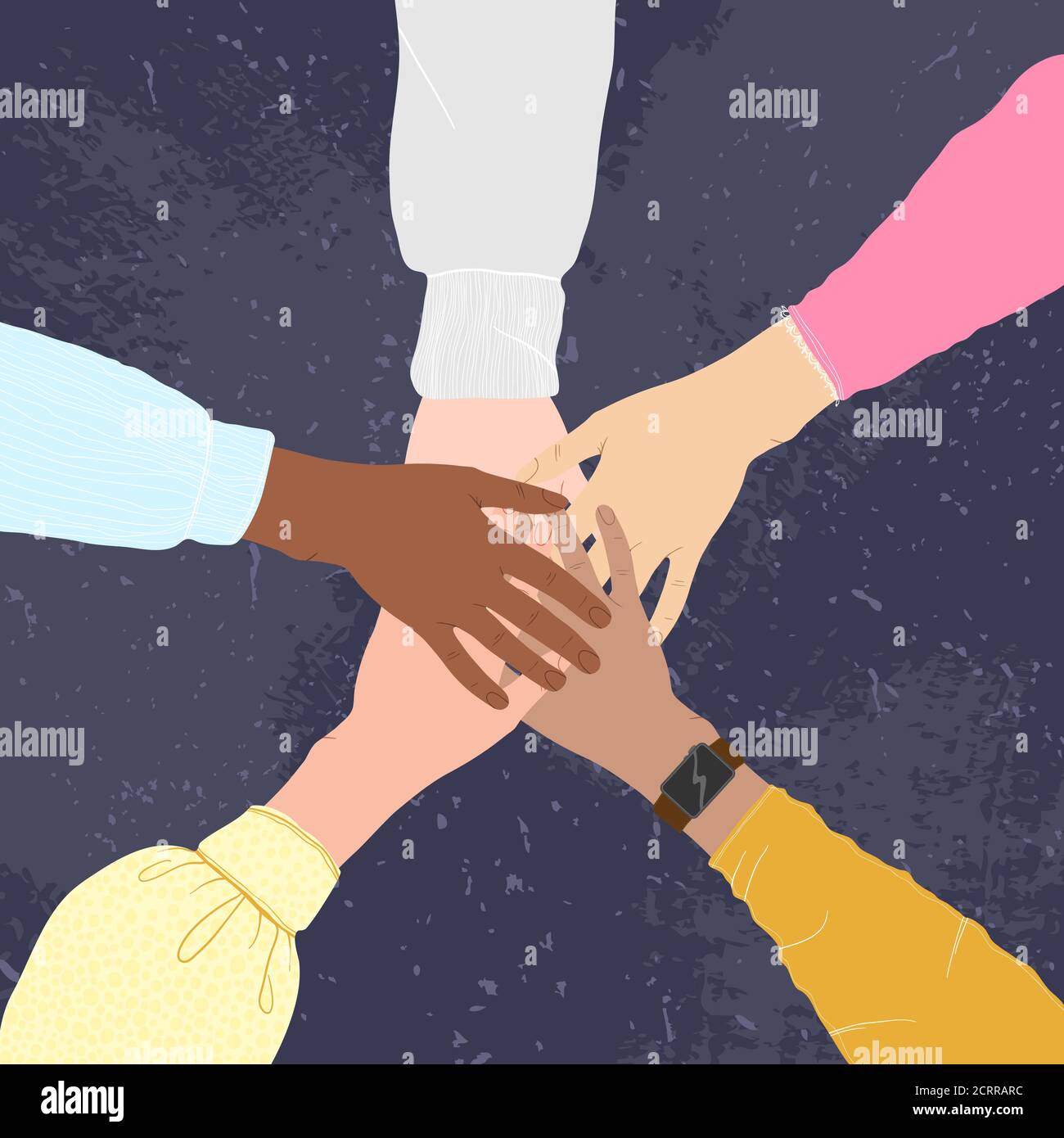 Hands of multiethnic people making unity, togetherness, support and solidarity gesture. Flat vector cartoons design. Concept of community, support, pa Stock Vector