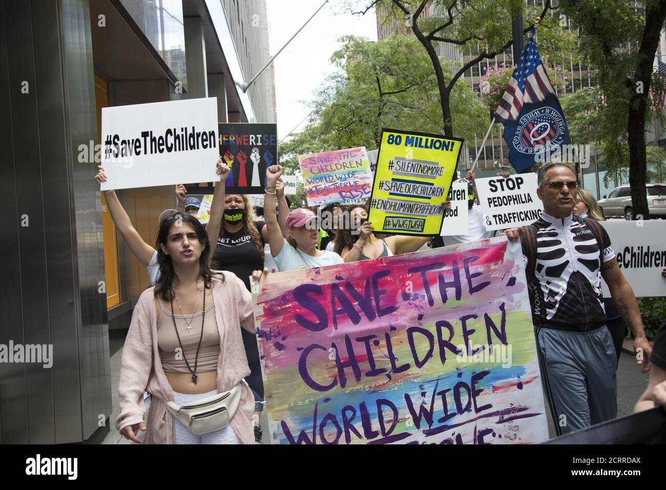 Save the Children march, with a coalition of groups, including QAnon, focused on world hunger, child trafficking, foster care, child abuse, war casualties etc, around the United Nations in New York City. Stock Photo
