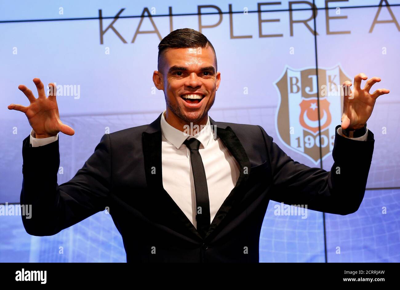 Pepe, 34-year-old Brazilian-born defender, reacts during a signing ceremony with Turkish soccer club Besiktas in Istanbul, Turkey July 5, 2017. REUTERS/Murad Sezer Stock Photo