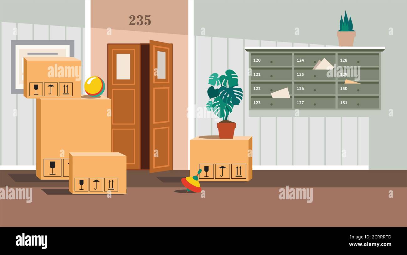Moving concept, cardboard carton boxes with household belongings in corridor, packed boxes on floor in new home, relocation, removals and delivery ser Stock Vector