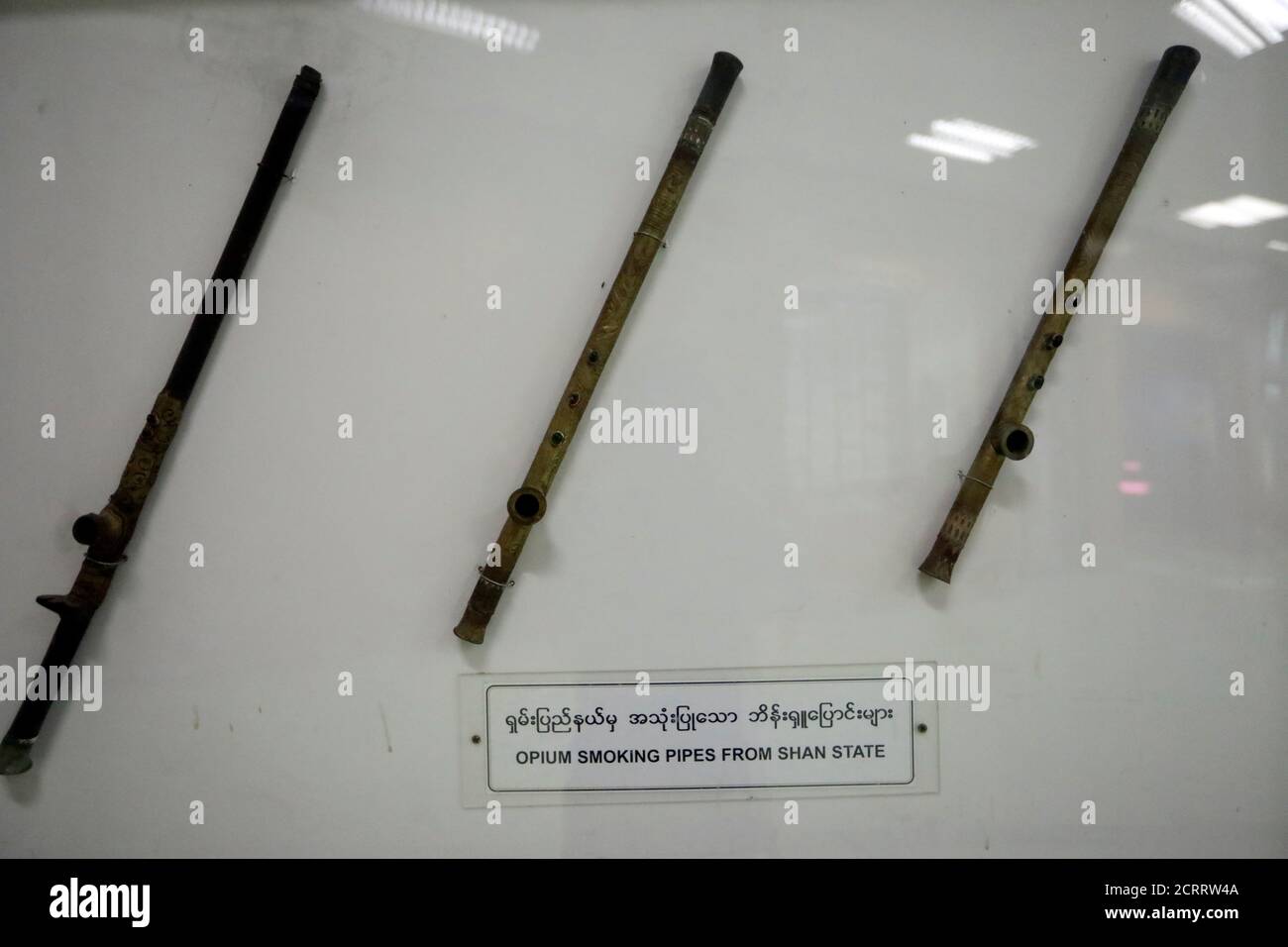 Tools used to smoke opium are seen at the Drug Elimination museum in Yangon, Myanmar November 6, 2018. REUTERS/Ann Wang Stock Photo
