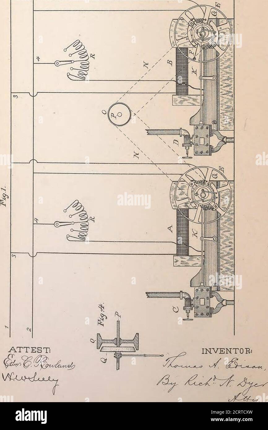 . Collection of United States patents granted to Thomas A. Edison, 1869-1884 . (No Model.) 2 Sheets—Sheet 1. T. A. EDISON. VALVE GEAR FOR ELECTRICAL GENERATOR ENGINES. No. 273,493. Patented Mar. 6,1883.. N. PETERS. Phcio-Lithographer, Washington, D. C. Stock Photo